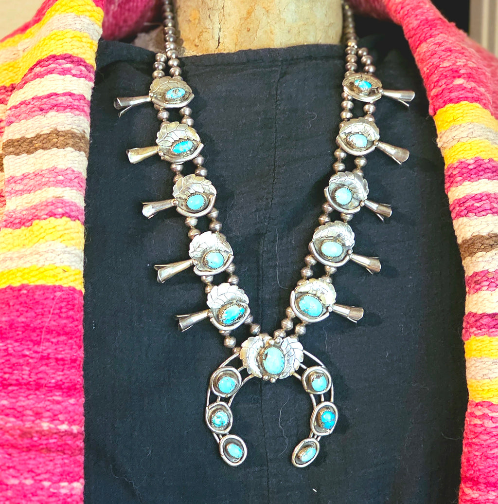 Old Blue Turquoise Squash Blossom Necklace: Old Pawn Sterling Silver  JN 815