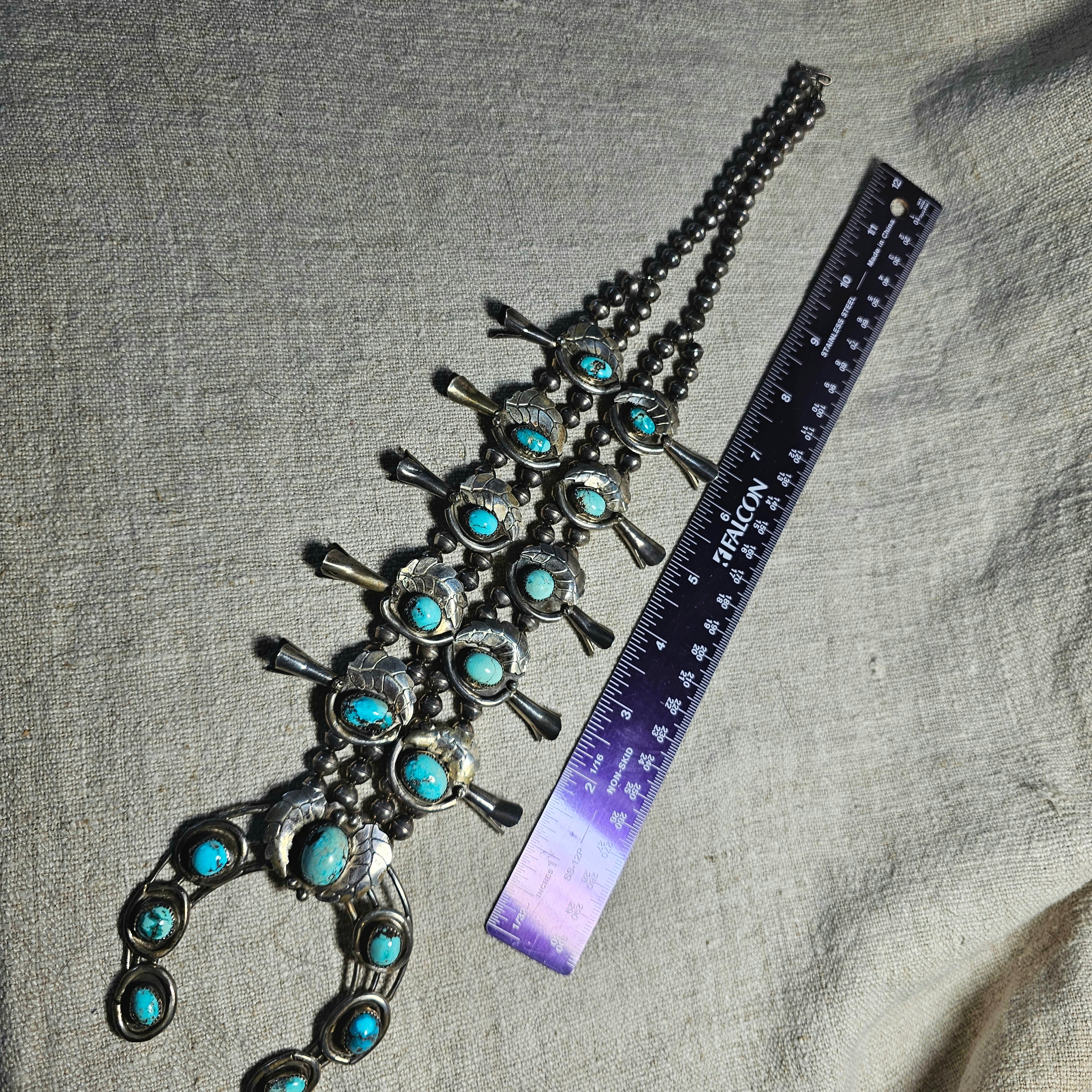 Old Blue Turquoise Squash Blossom Necklace: Old Pawn Sterling Silver  JN 815