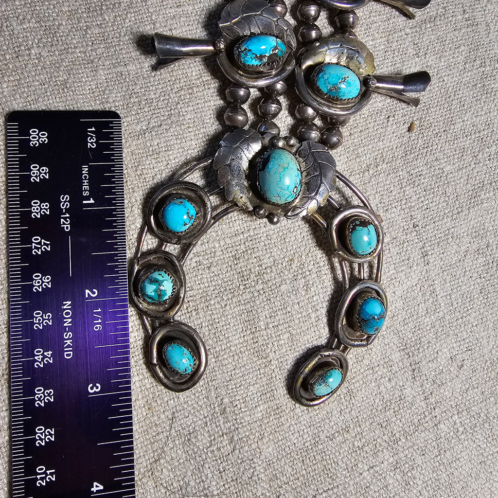 Old Blue Turquoise Squash Blossom Necklace: Old Pawn Sterling Silver  JN 815