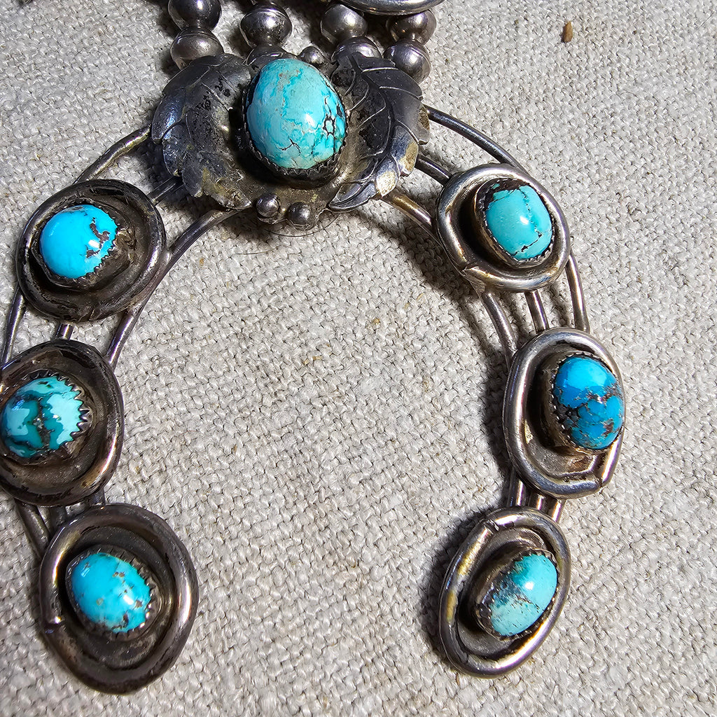 Old Blue Turquoise Squash Blossom Necklace: Old Pawn Sterling Silver  JN 815