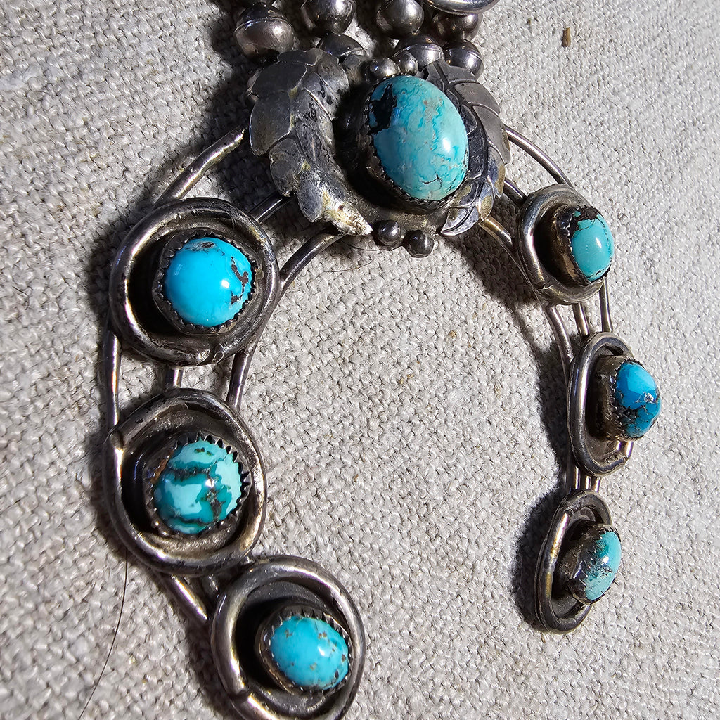 Old Blue Turquoise Squash Blossom Necklace: Old Pawn Sterling Silver  JN 815