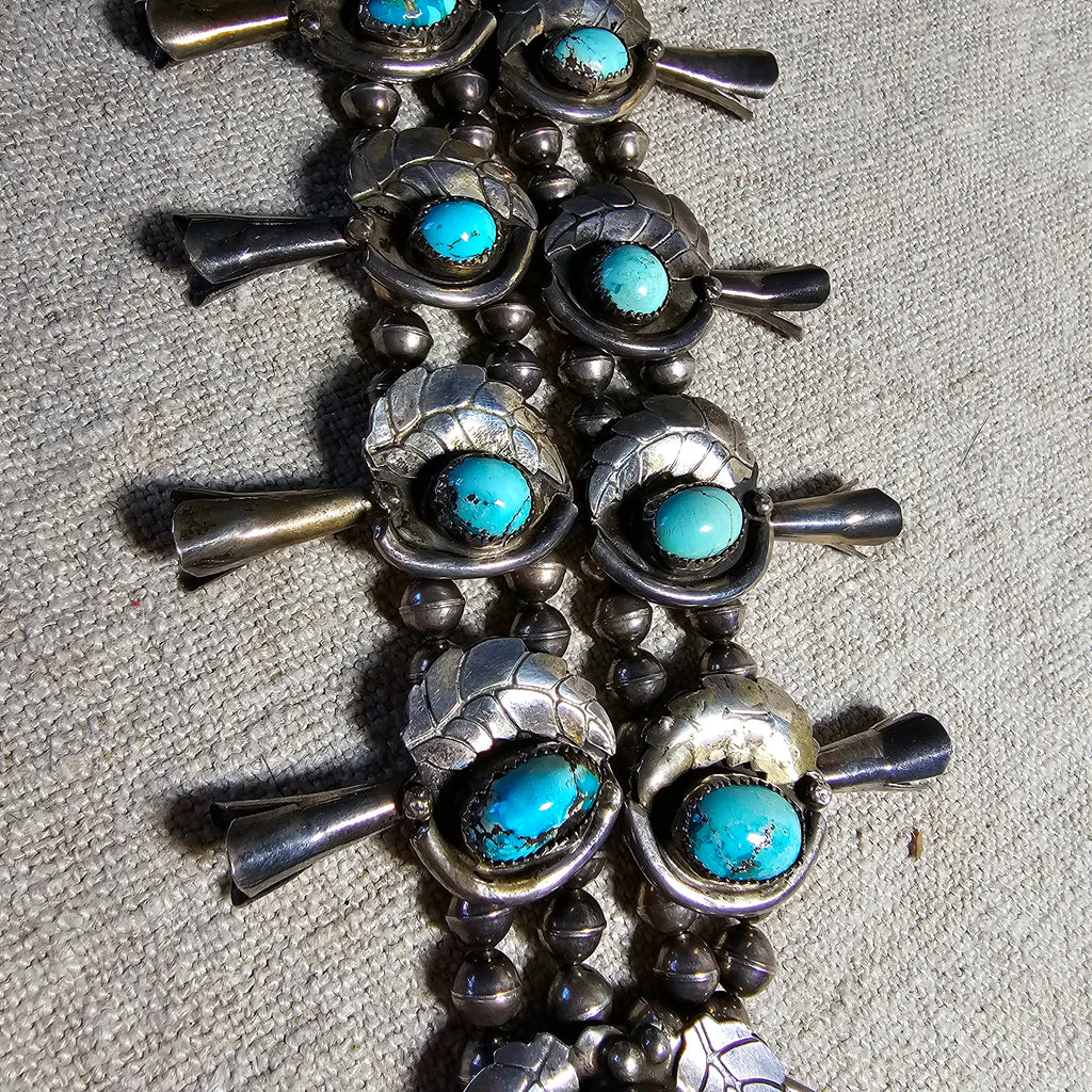 Old Blue Turquoise Squash Blossom Necklace: Old Pawn Sterling Silver  JN 815