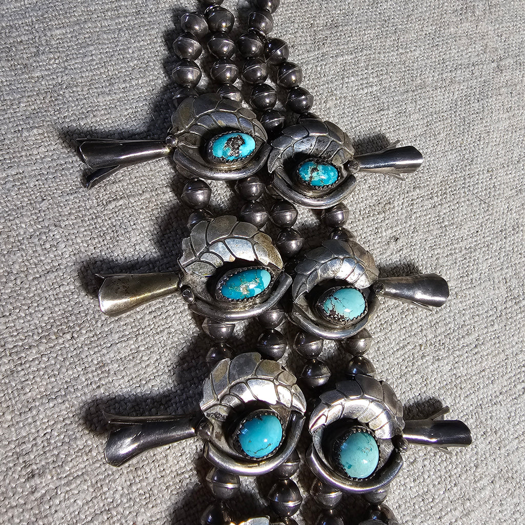 Old Blue Turquoise Squash Blossom Necklace: Old Pawn Sterling Silver  JN 815