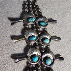 Old Blue Turquoise Squash Blossom Necklace: Old Pawn Sterling Silver  JN 815
