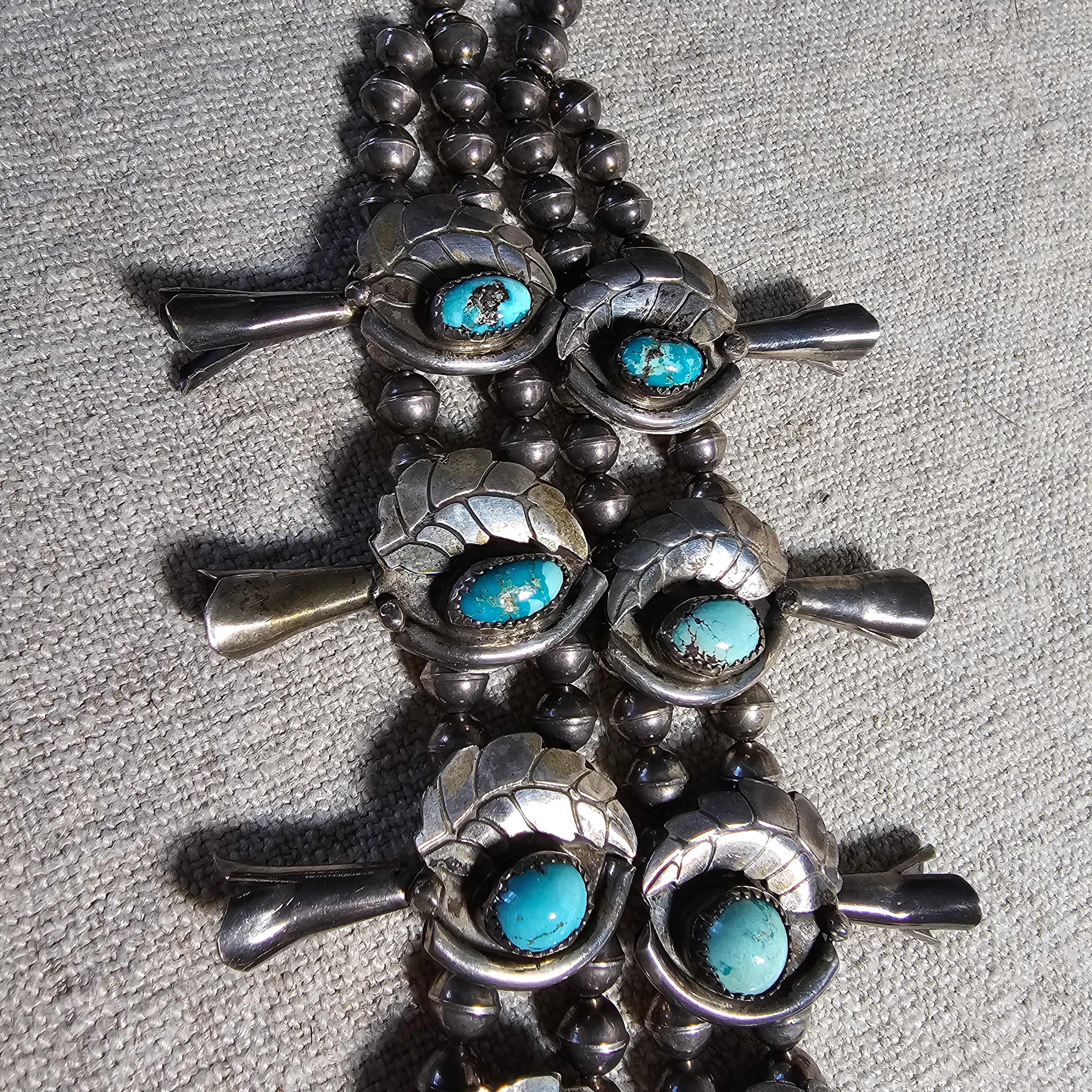 Old Blue Turquoise Squash Blossom Necklace: Old Pawn Sterling Silver  JN 815
