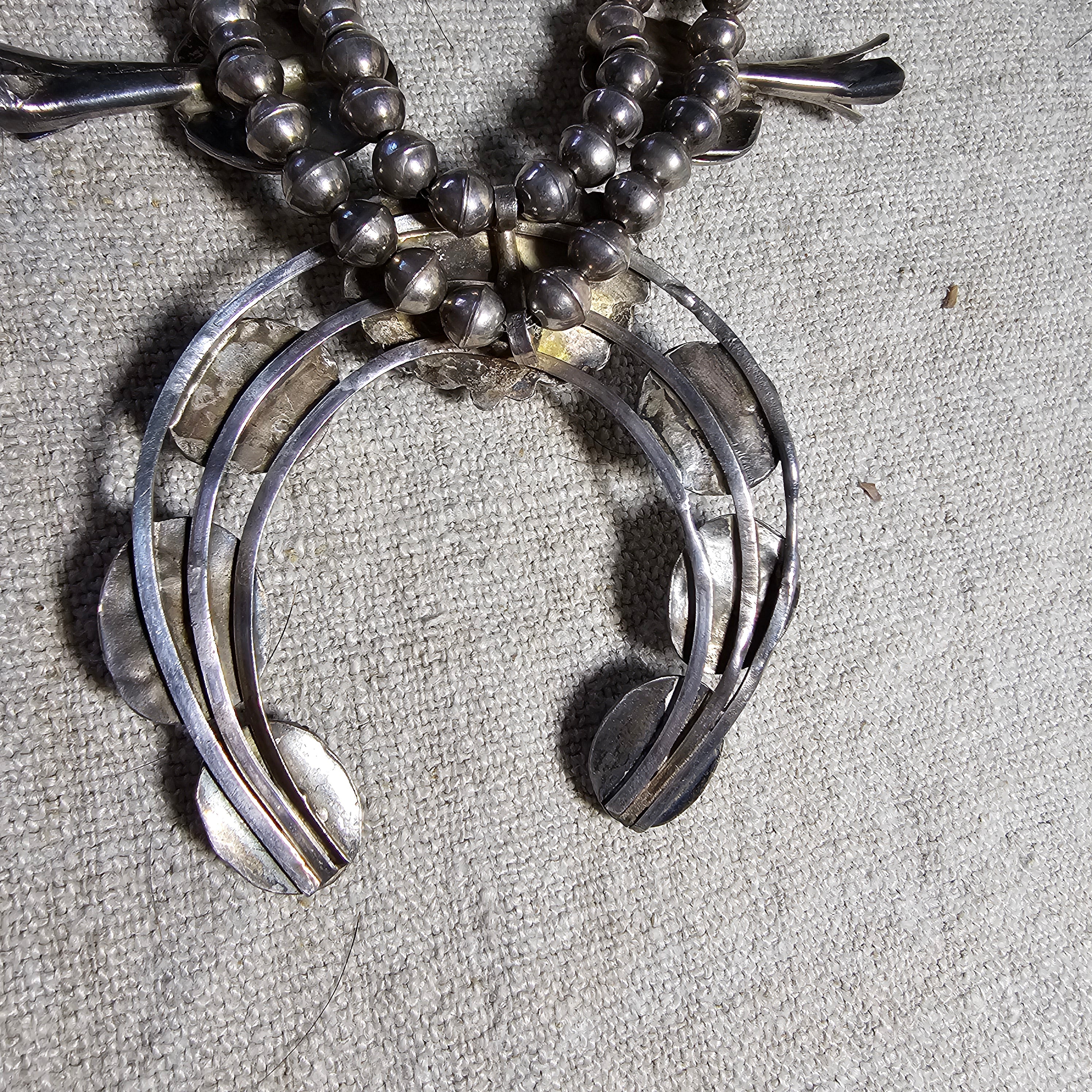 Old Blue Turquoise Squash Blossom Necklace: Old Pawn Sterling Silver  JN 815