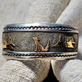 Striking Hopi Silver and Gold Vintage Larger Cuff Sterling Howling Coyote Old Pawn 7 1/2" wrist. JB 745