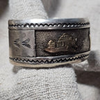 Striking Hopi Silver and Gold Vintage Larger Cuff Sterling Howling Coyote Old Pawn 7 1/2" wrist. JB 745