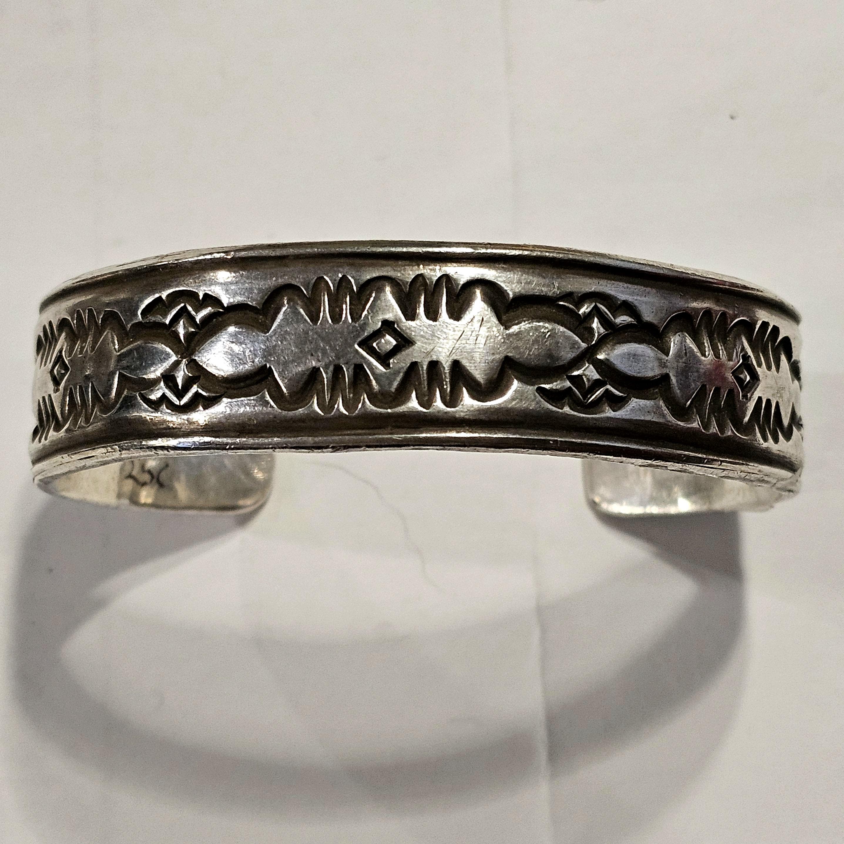 Deep Punchwork  Decorated Vintage Larger Cuff Native Sterling Old Pawn fits 8" wrist  JB 913