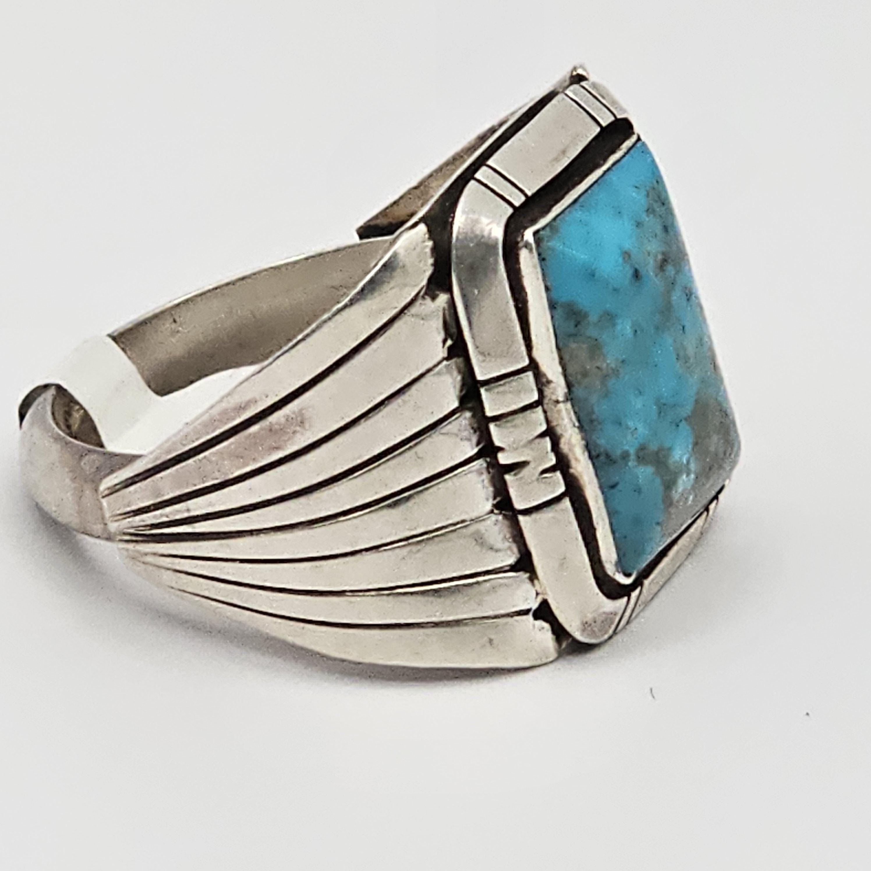 Blue Turquoise with Detailed Silver Shank Vintage Sterling Man Ring Size 12 Old Pawn JR 892