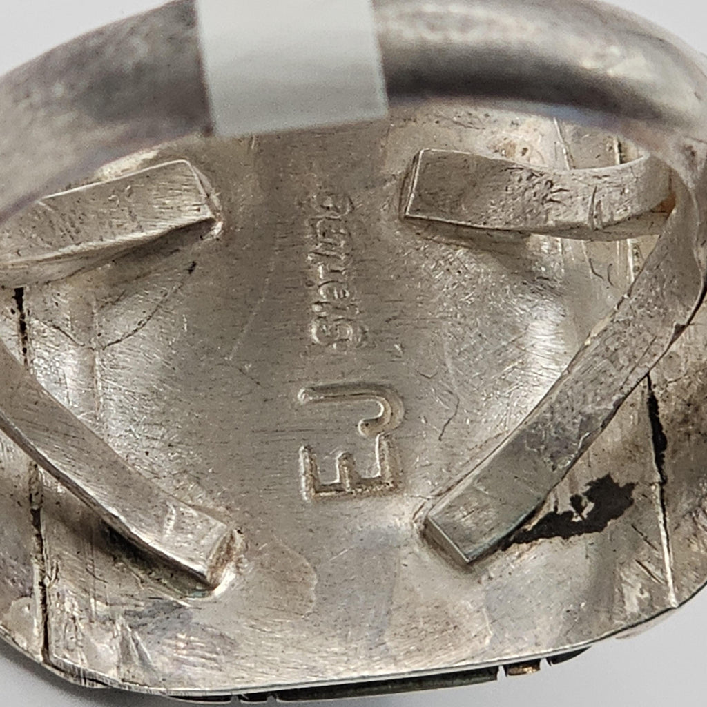 Blue Turquoise with Detailed Silver Shank Vintage Sterling Man Ring Size 12 Old Pawn JR 892