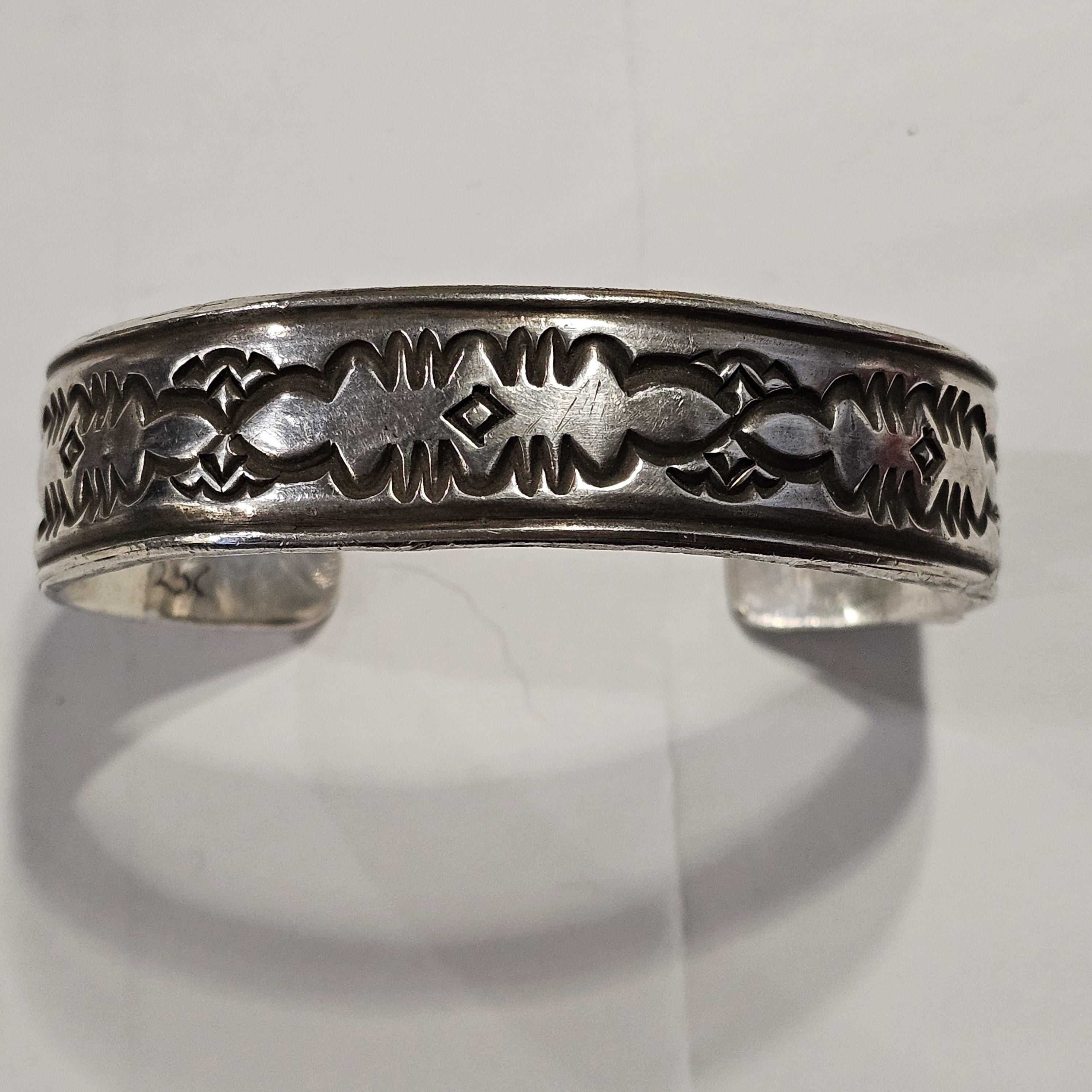 Deep Punchwork  Decorated Vintage Larger Cuff Native Sterling Old Pawn fits 8" wrist  JB 913