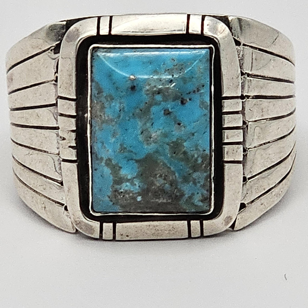 Blue Turquoise with Detailed Silver Shank Vintage Sterling Man Ring Size 12 Old Pawn JR 892