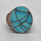 Vintage Zuni Turquoise Sterling Silver Fishscale Inlay (Size 10.5)  JR 86