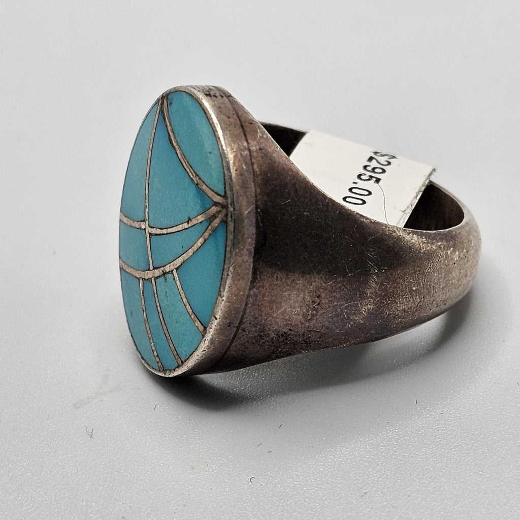 Vintage Zuni Turquoise Sterling Silver Fishscale Inlay (Size 10.5)  JR 86