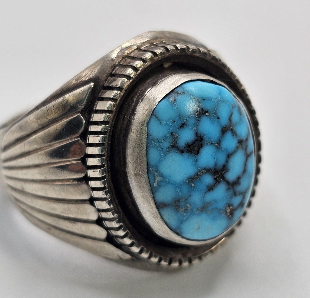 Spiderweb Turquoise with Silver Wings Vintage Sterling Man Ring Size 11 1/2 Old Pawn. JR 126