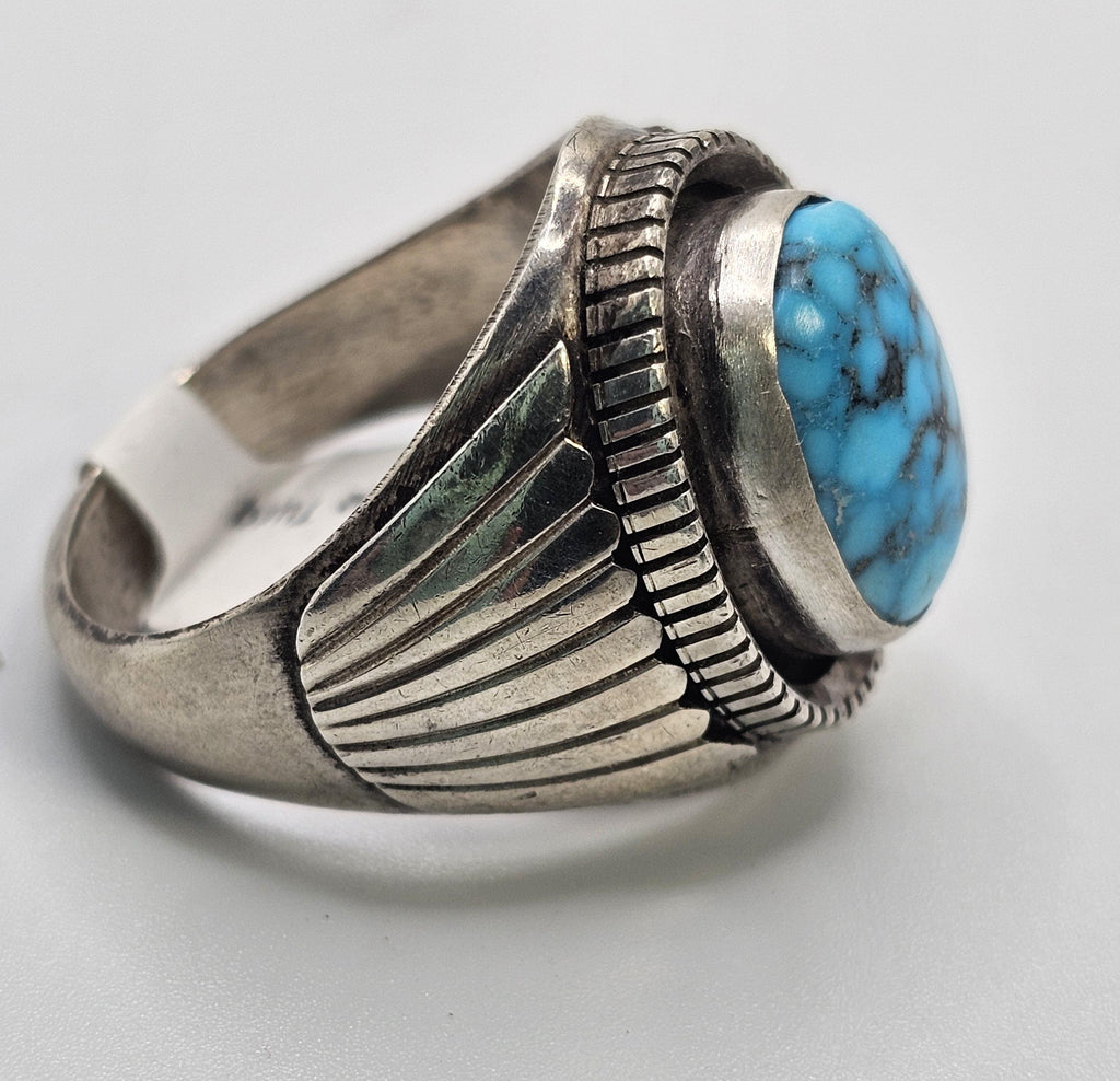 Spiderweb Turquoise with Silver Wings Vintage Sterling Man Ring Size 11 1/2 Old Pawn. JR 126