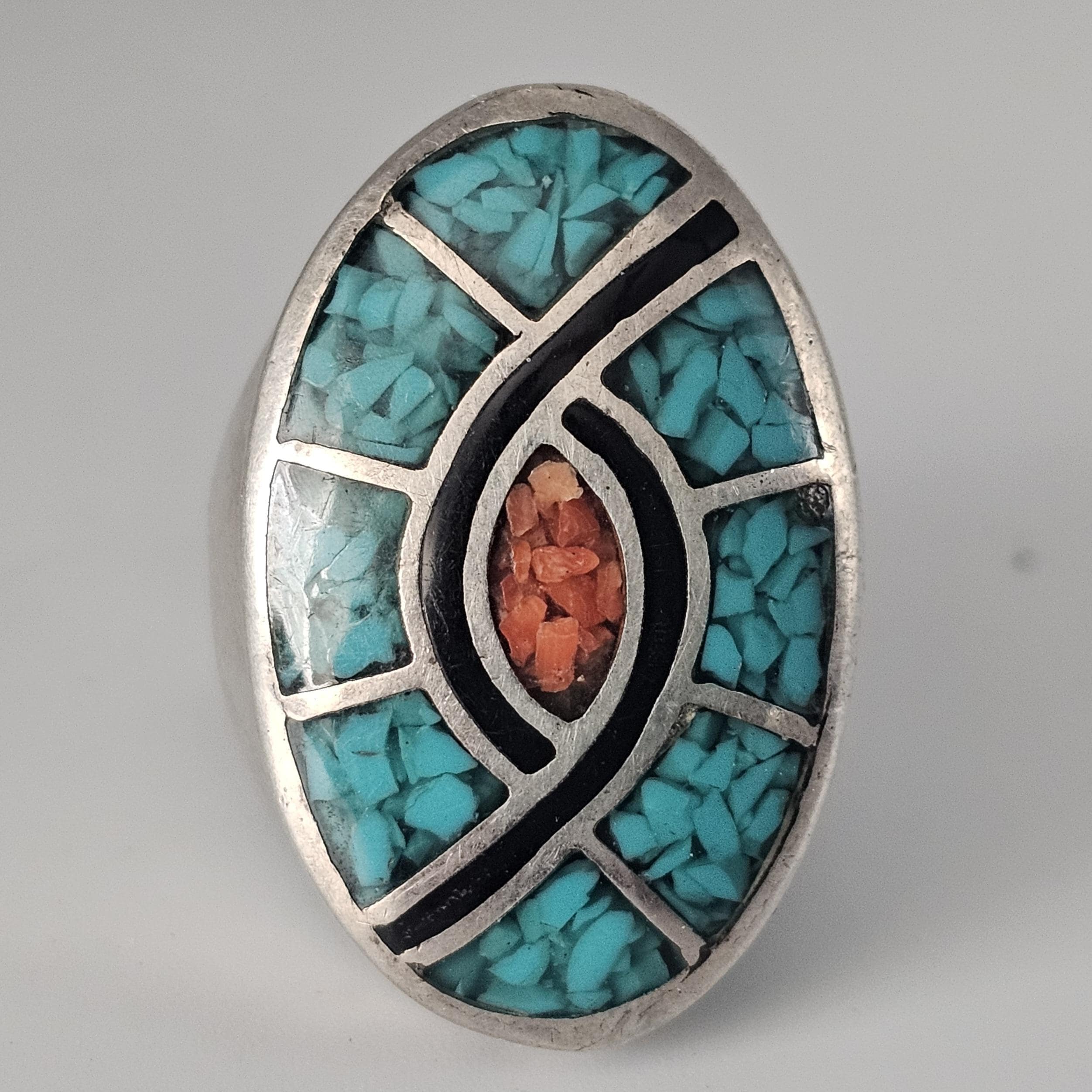 Colorful Zuni Inlay Cast Silver Ring Vintage Sterling Man Ring Size 10 Old Pawn JR 129