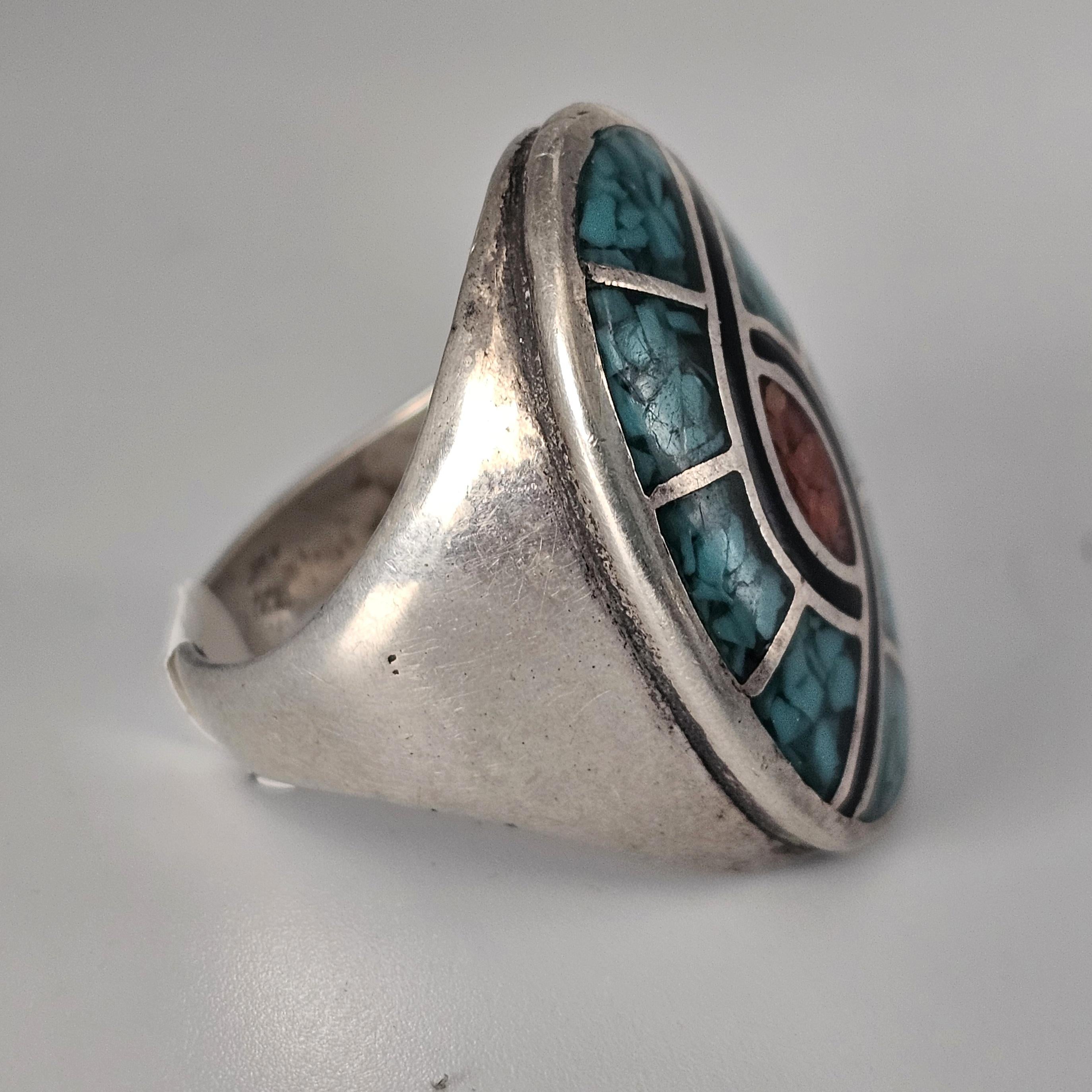 Colorful Zuni Inlay Cast Silver Ring Vintage Sterling Man Ring Size 10 Old Pawn JR 129