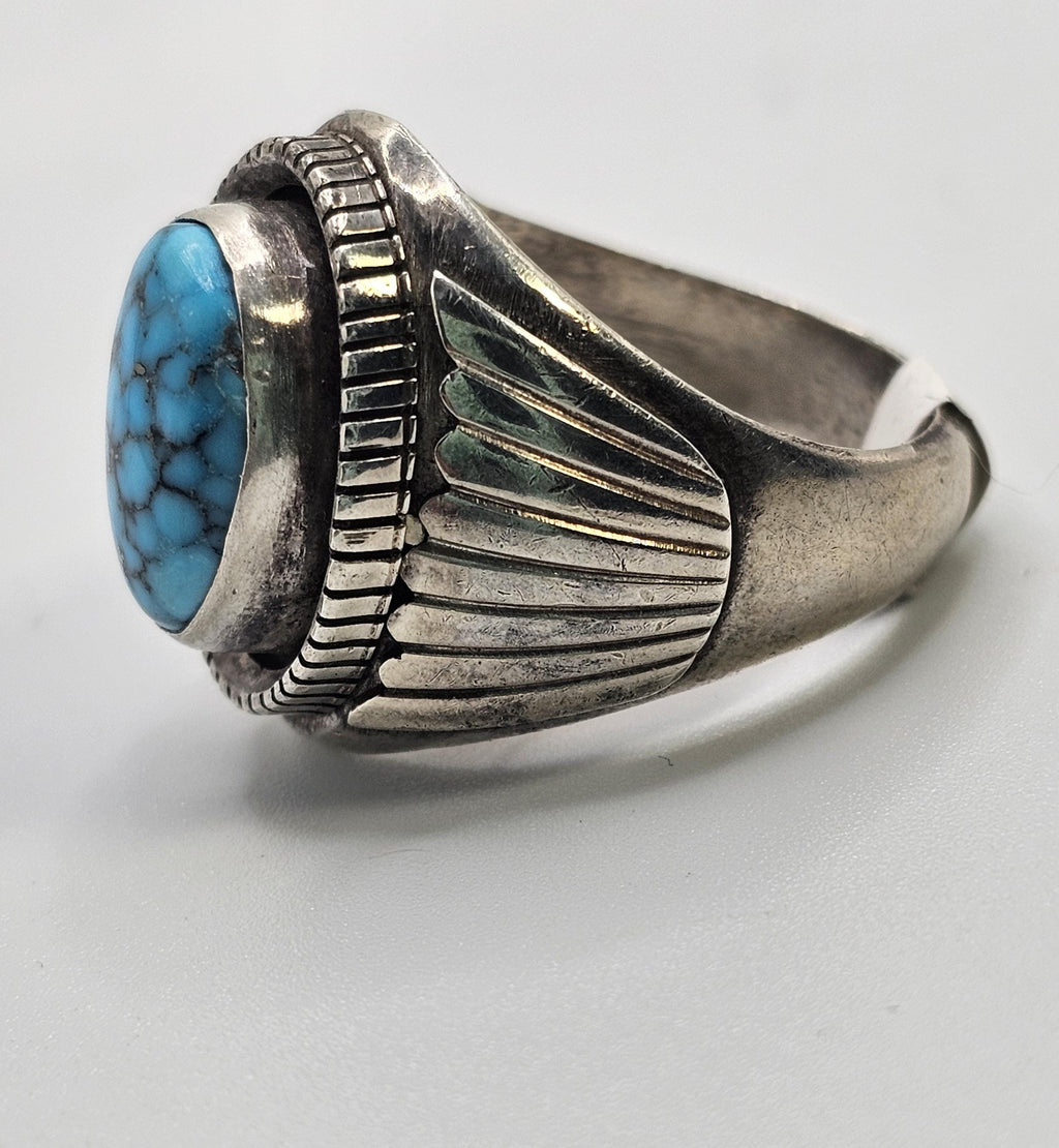 Spiderweb Turquoise with Silver Wings Vintage Sterling Man Ring Size 11 1/2 Old Pawn. JR 126