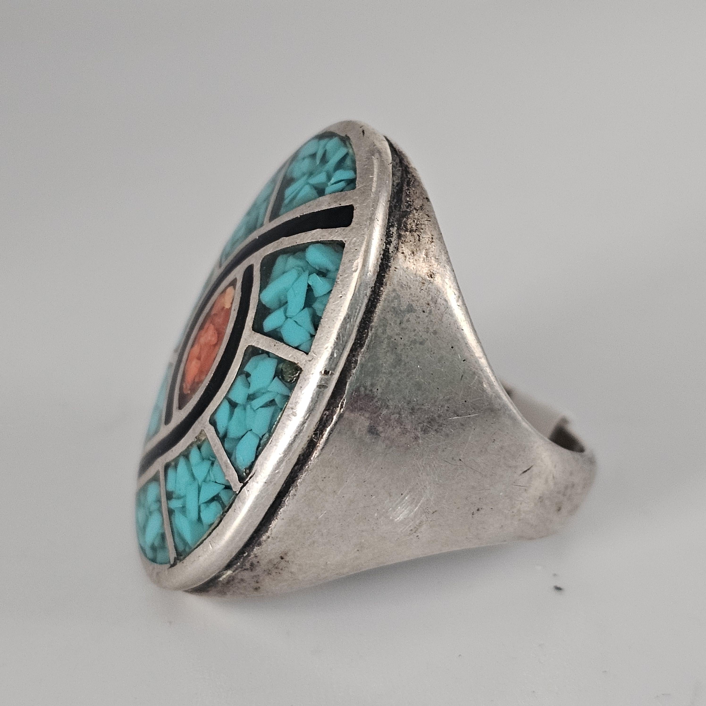 Colorful Zuni Inlay Cast Silver Ring Vintage Sterling Man Ring Size 10 Old Pawn JR 129