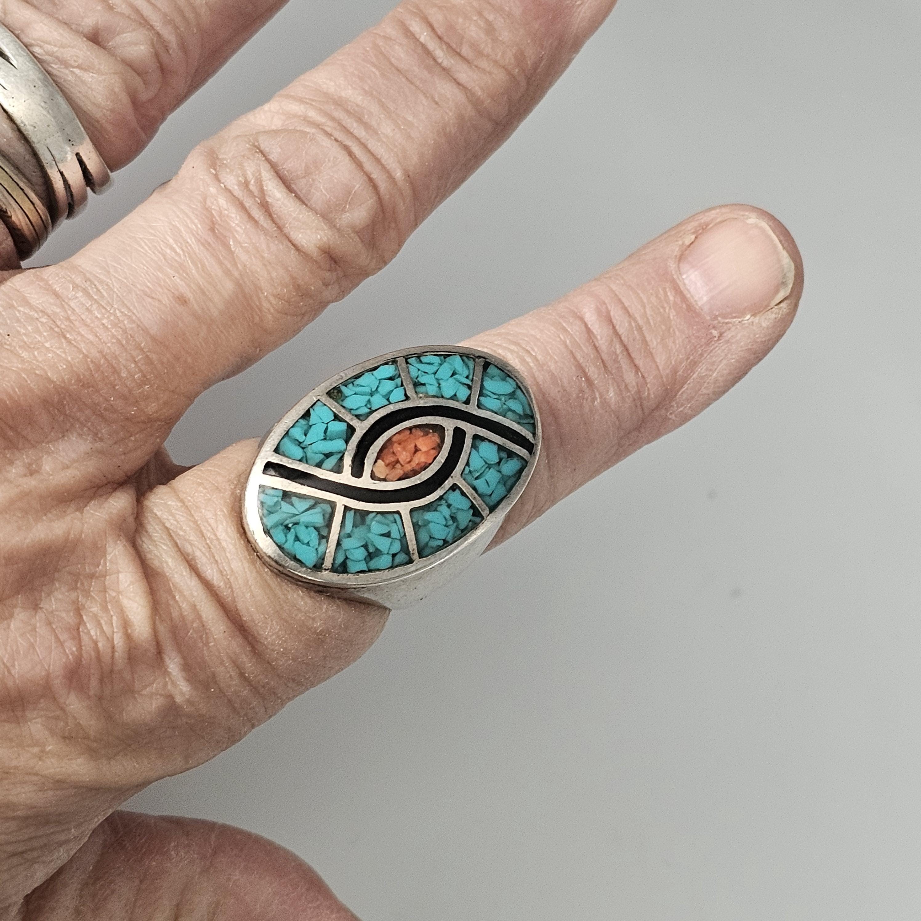 Colorful Zuni Inlay Cast Silver Ring Vintage Sterling Man Ring Size 10 Old Pawn JR 129