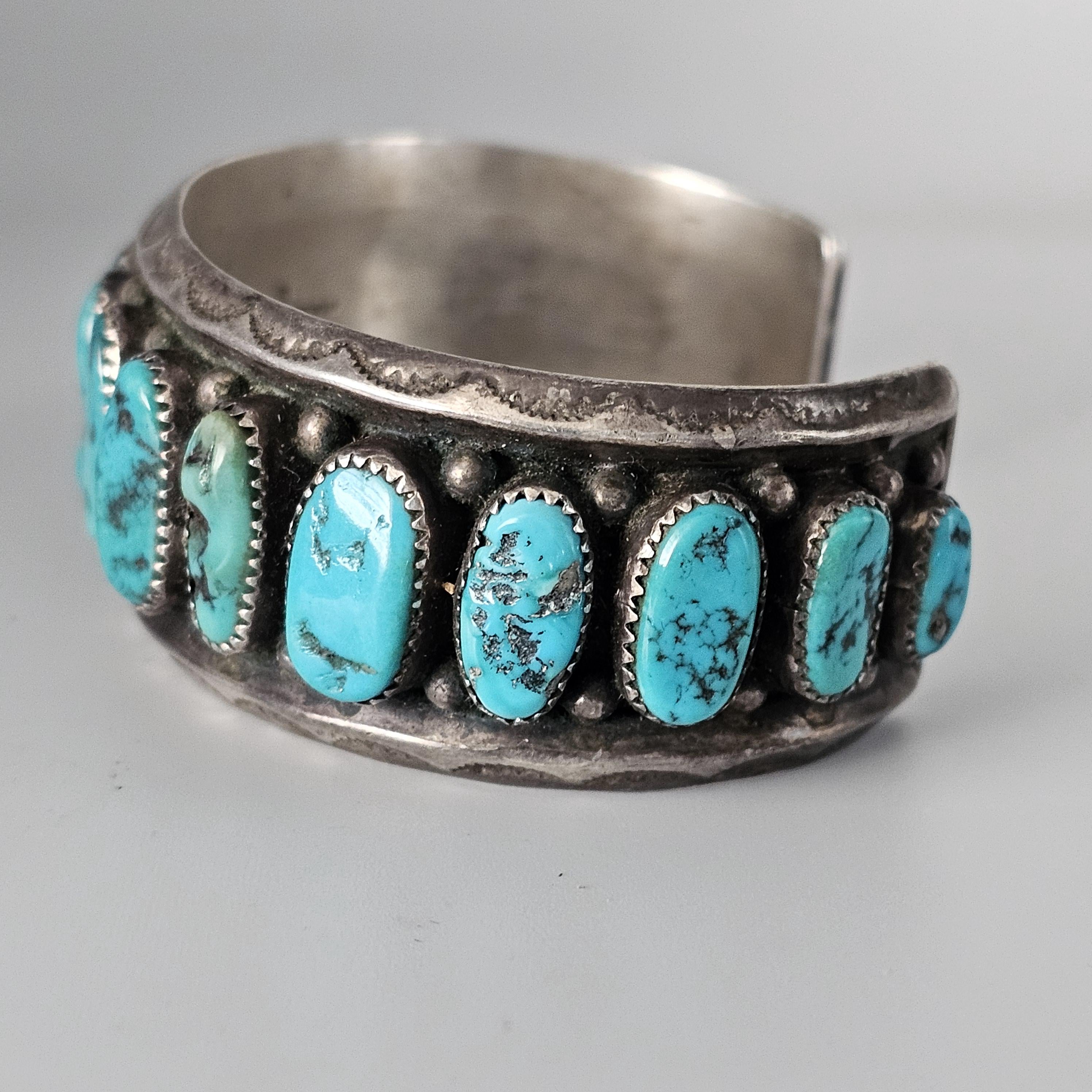 Vintage Sleeping Beauty Turquoise Sterling Silver Navajo Cuff Bracelet 7" wrist JB 948