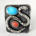 Snake Ring Turquoise and Coral Sterling Native Size 8 3/4 Old Pawn JR 161