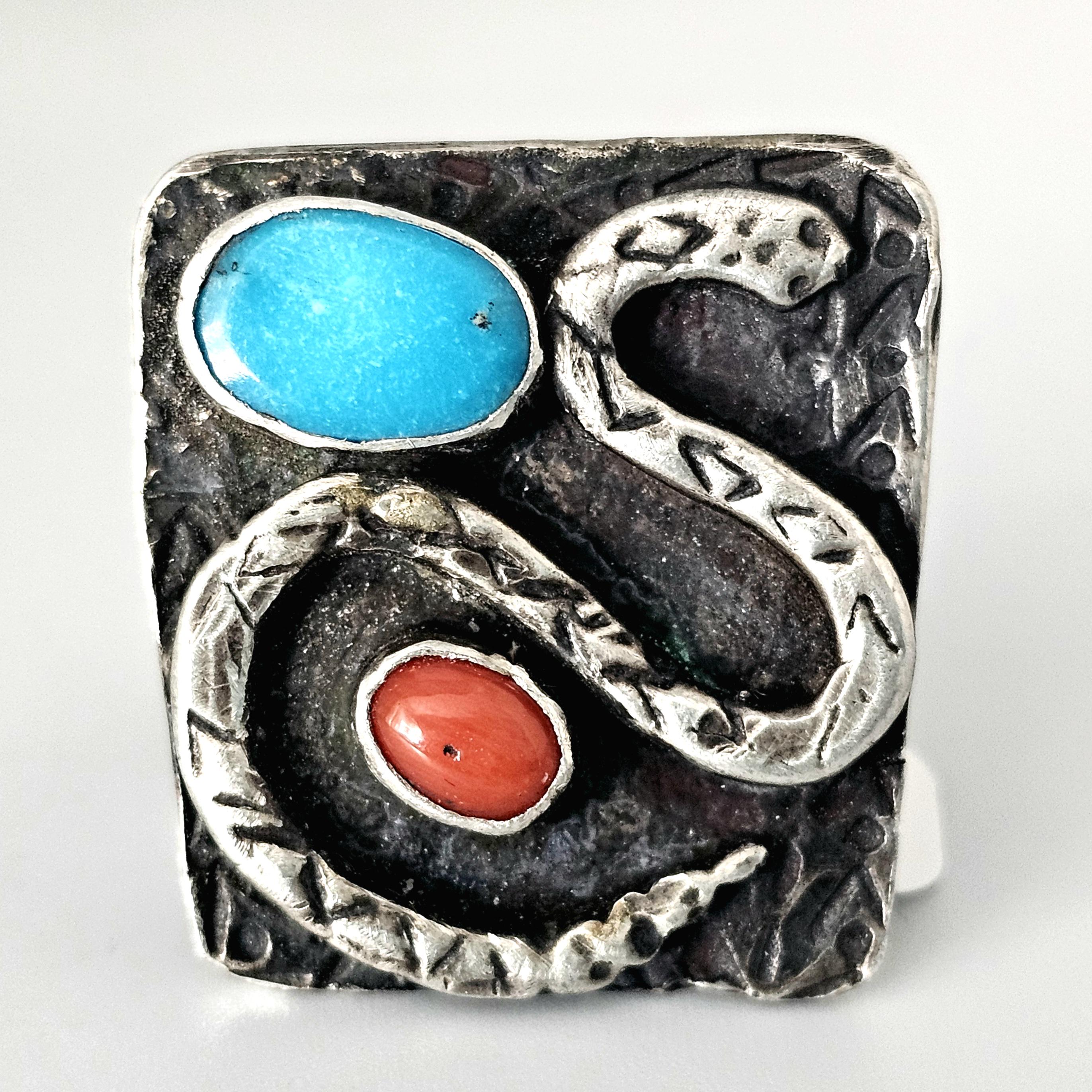 Snake Ring Turquoise and Coral Sterling Native Size 8 3/4 Old Pawn JR 161
