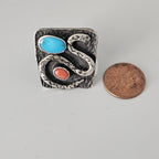 Snake Ring Turquoise and Coral Sterling Native Size 8 3/4 Old Pawn JR 161