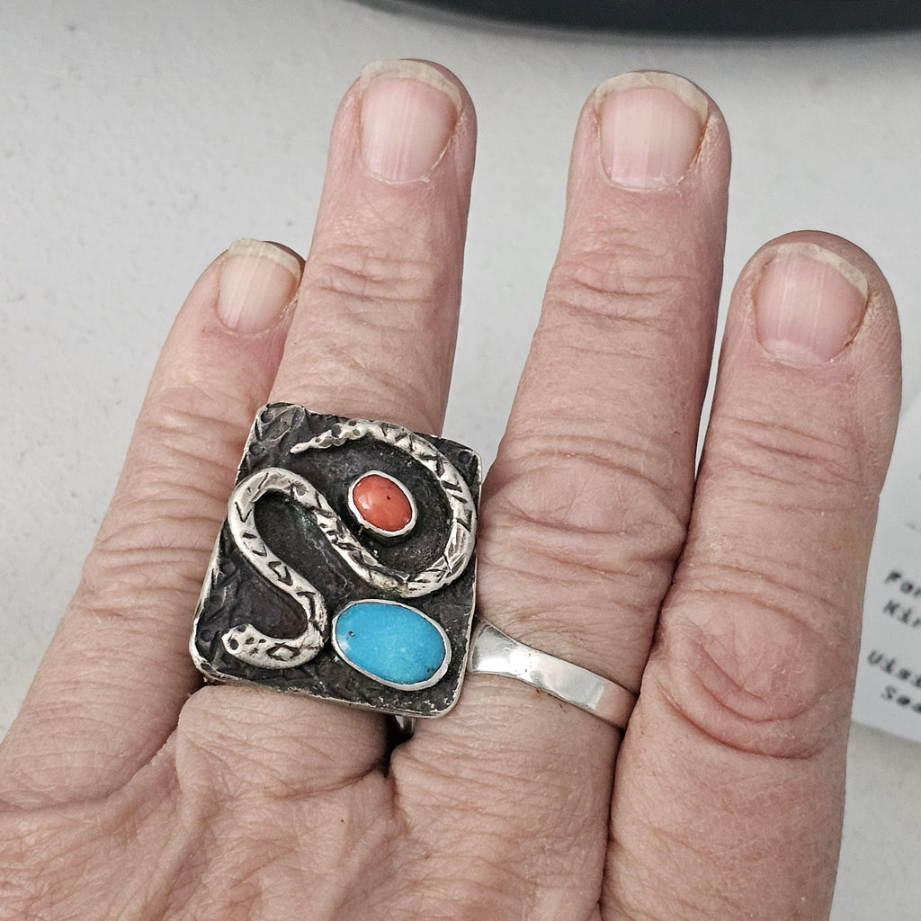 Snake Ring Turquoise and Coral Sterling Native Size 8 3/4 Old Pawn JR 161