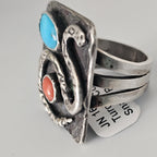 Snake Ring Turquoise and Coral Sterling Native Size 8 3/4 Old Pawn JR 161