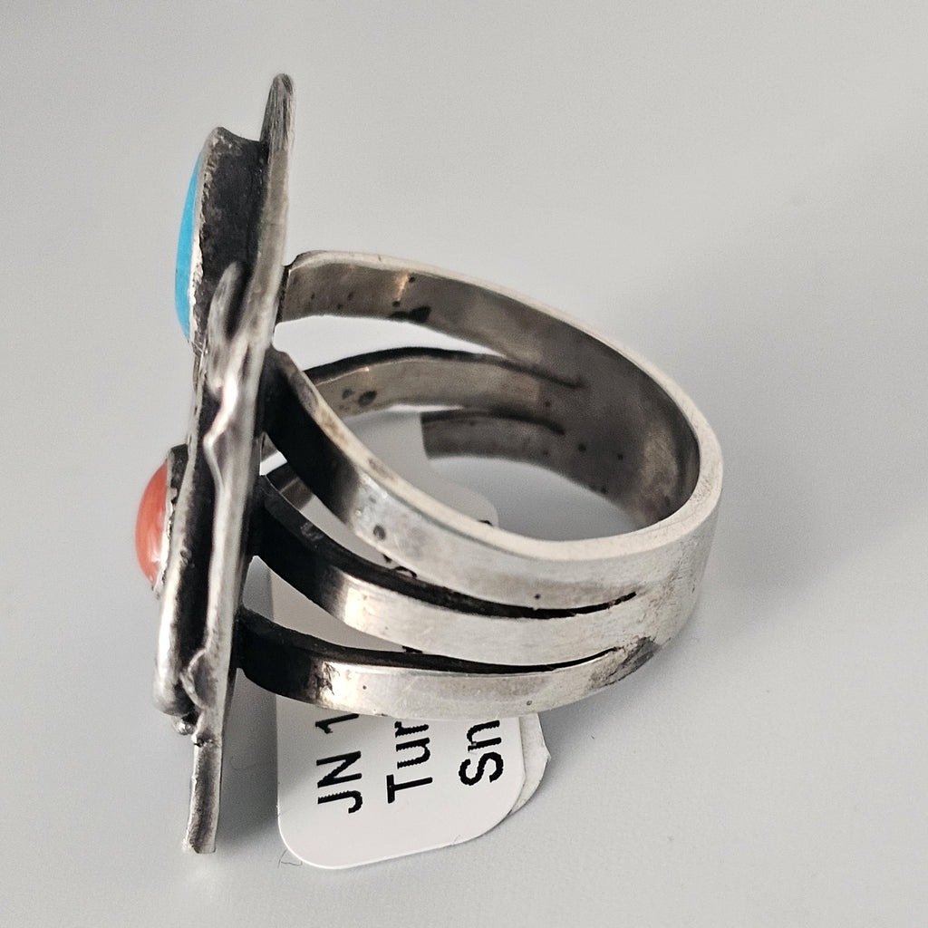 Snake Ring Turquoise and Coral Sterling Native Size 8 3/4 Old Pawn JR 161
