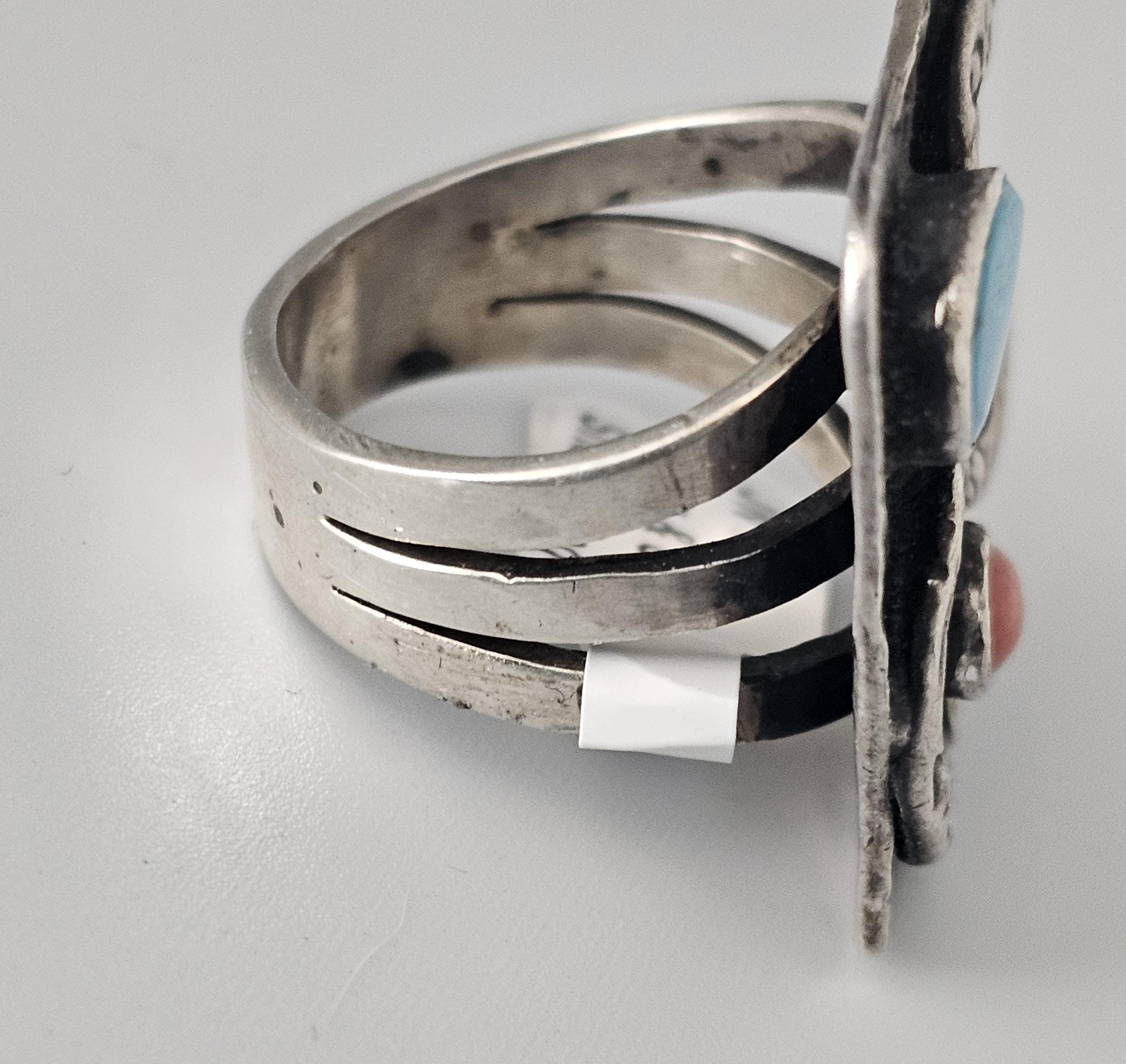 Snake Ring Turquoise and Coral Sterling Native Size 8 3/4 Old Pawn JR 161