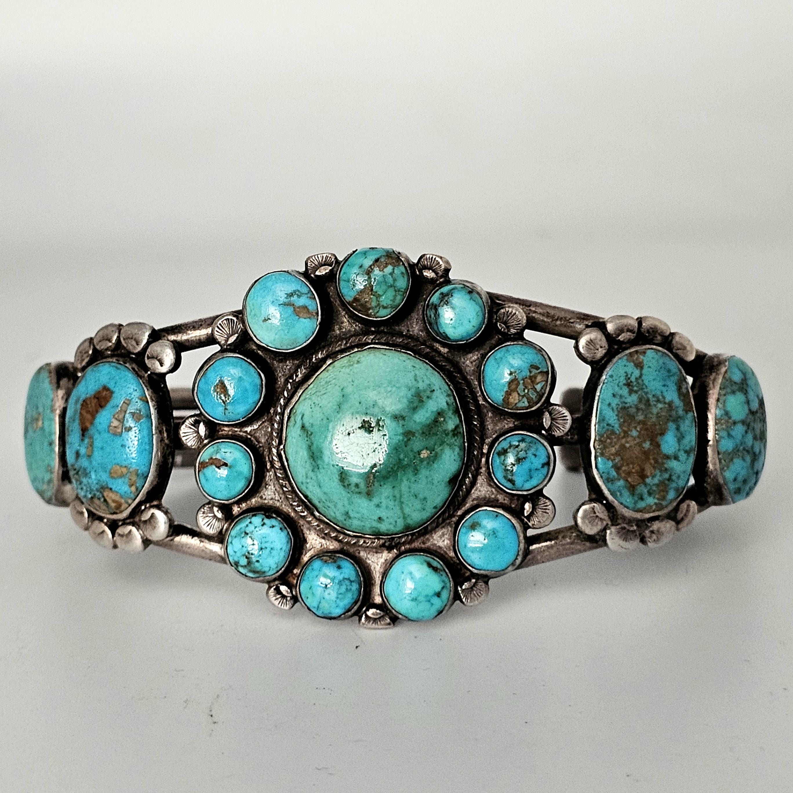 1920s Zuni Ingot Silver and Turquoise Native Cuff Bracelet Coin Silver. 7 1/2" wrist. JB 973