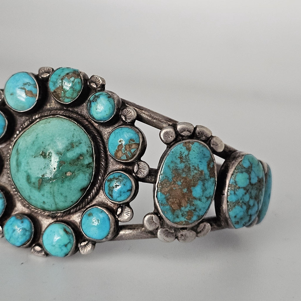 1920s Zuni Ingot Silver and Turquoise Native Cuff Bracelet Coin Silver. 7 1/2" wrist. JB 973