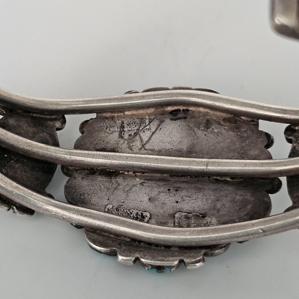 1920s Zuni Ingot Silver and Turquoise Native Cuff Bracelet Coin Silver. 7 1/2" wrist. JB 973