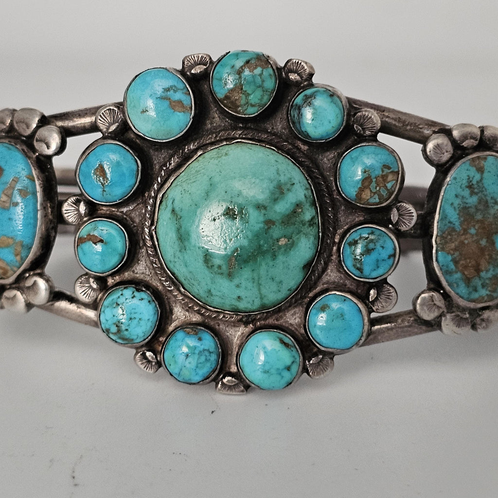 1920s Zuni Ingot Silver and Turquoise Native Cuff Bracelet Coin Silver. 7 1/2" wrist. JB 973
