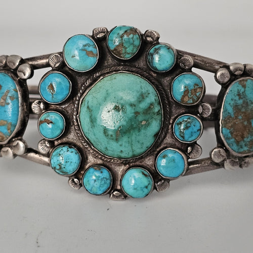1920s Zuni Ingot Silver and Turquoise Native Cuff Bracelet Coin Silver. 7 1/2" wrist. JB 973