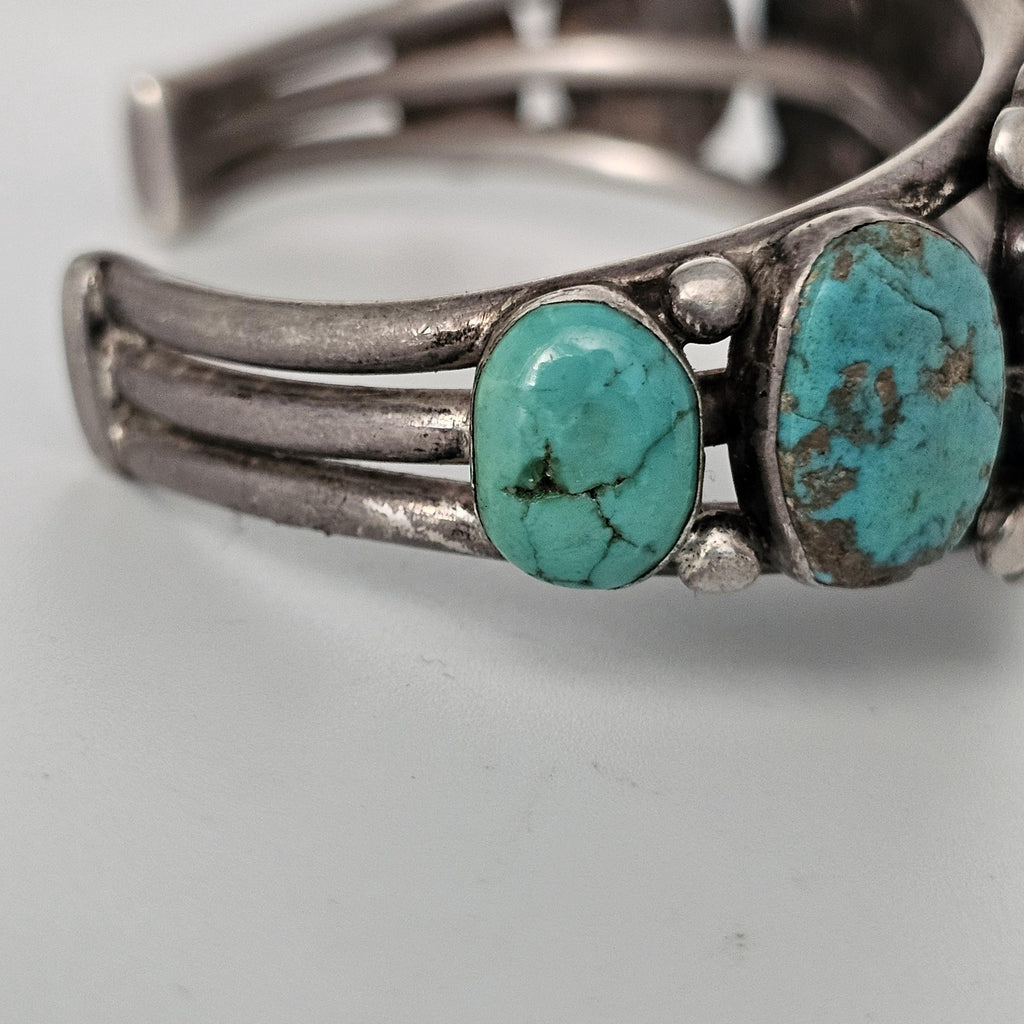 1920s Zuni Ingot Silver and Turquoise Native Cuff Bracelet Coin Silver. 7 1/2" wrist. JB 973