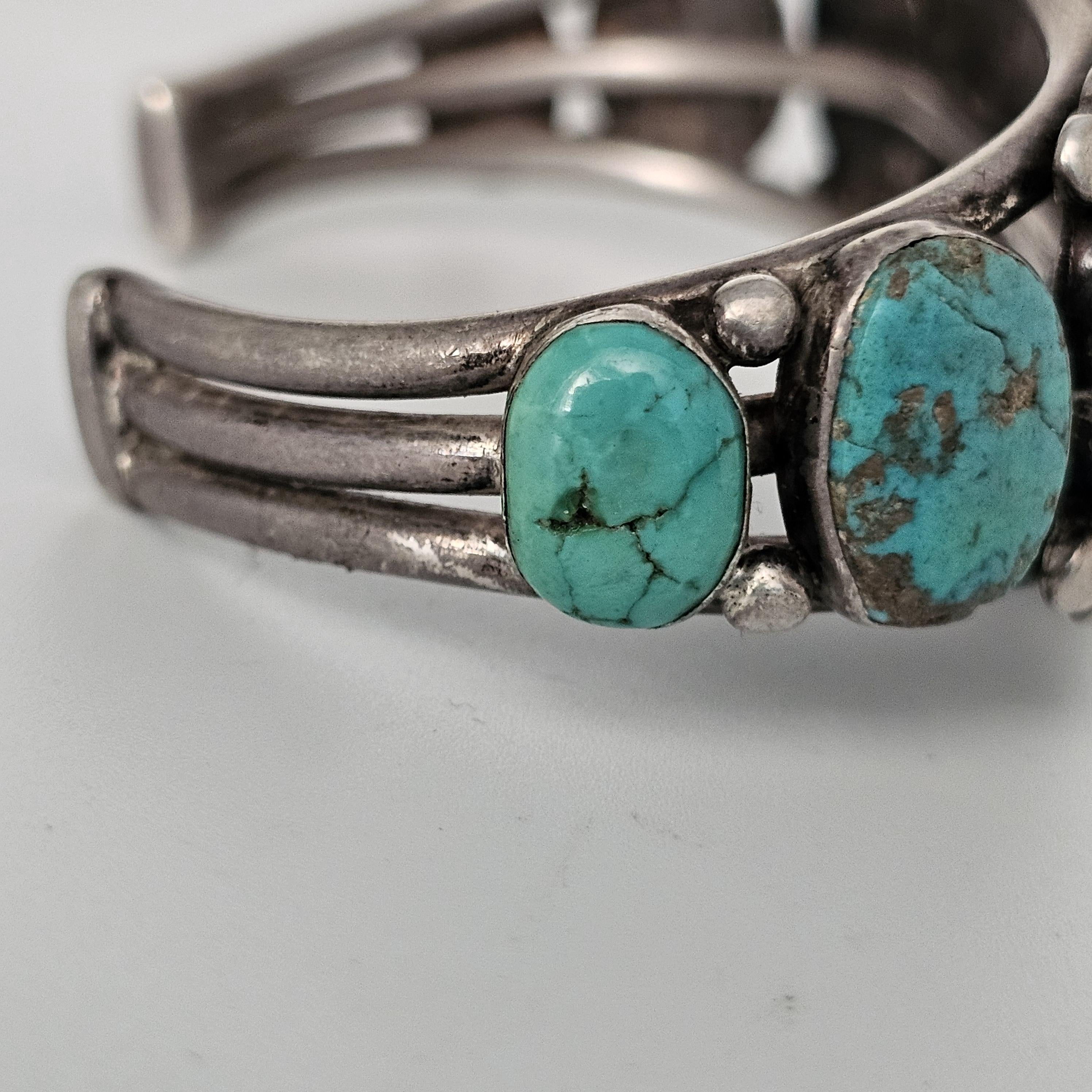 1920s Zuni Ingot Silver and Turquoise Native Cuff Bracelet Coin Silver. 7 1/2" wrist. JB 973
