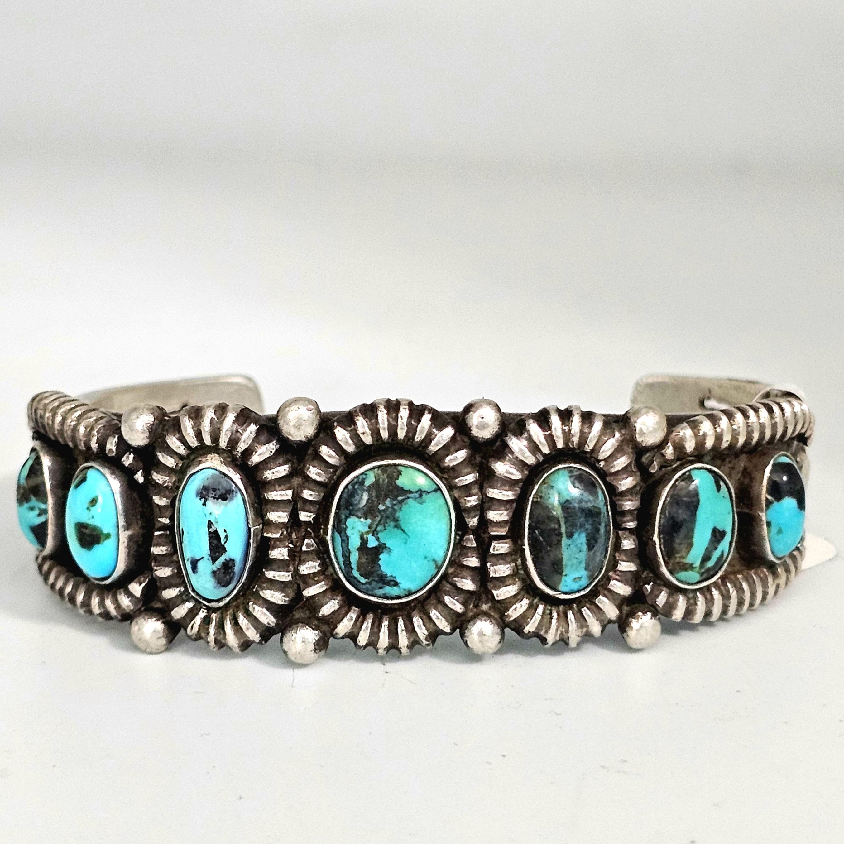 Ingot Greg Lewis Silver and Turquoise Native Cuff Bracelet Old Pawn Coin Silver. 7" wrist. JB 972