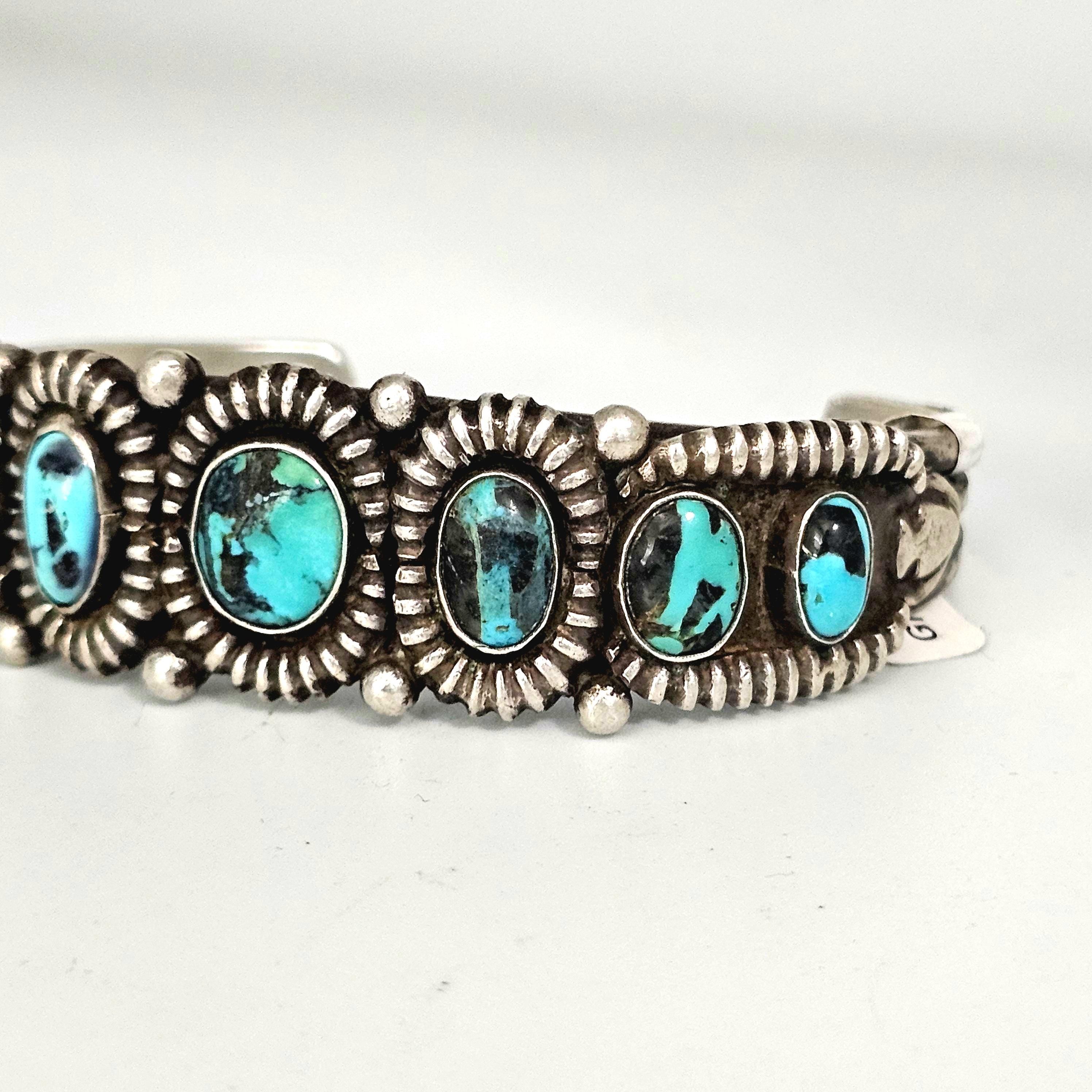 Ingot Greg Lewis Silver and Turquoise Native Cuff Bracelet Old Pawn Coin Silver. 7" wrist. JB 972
