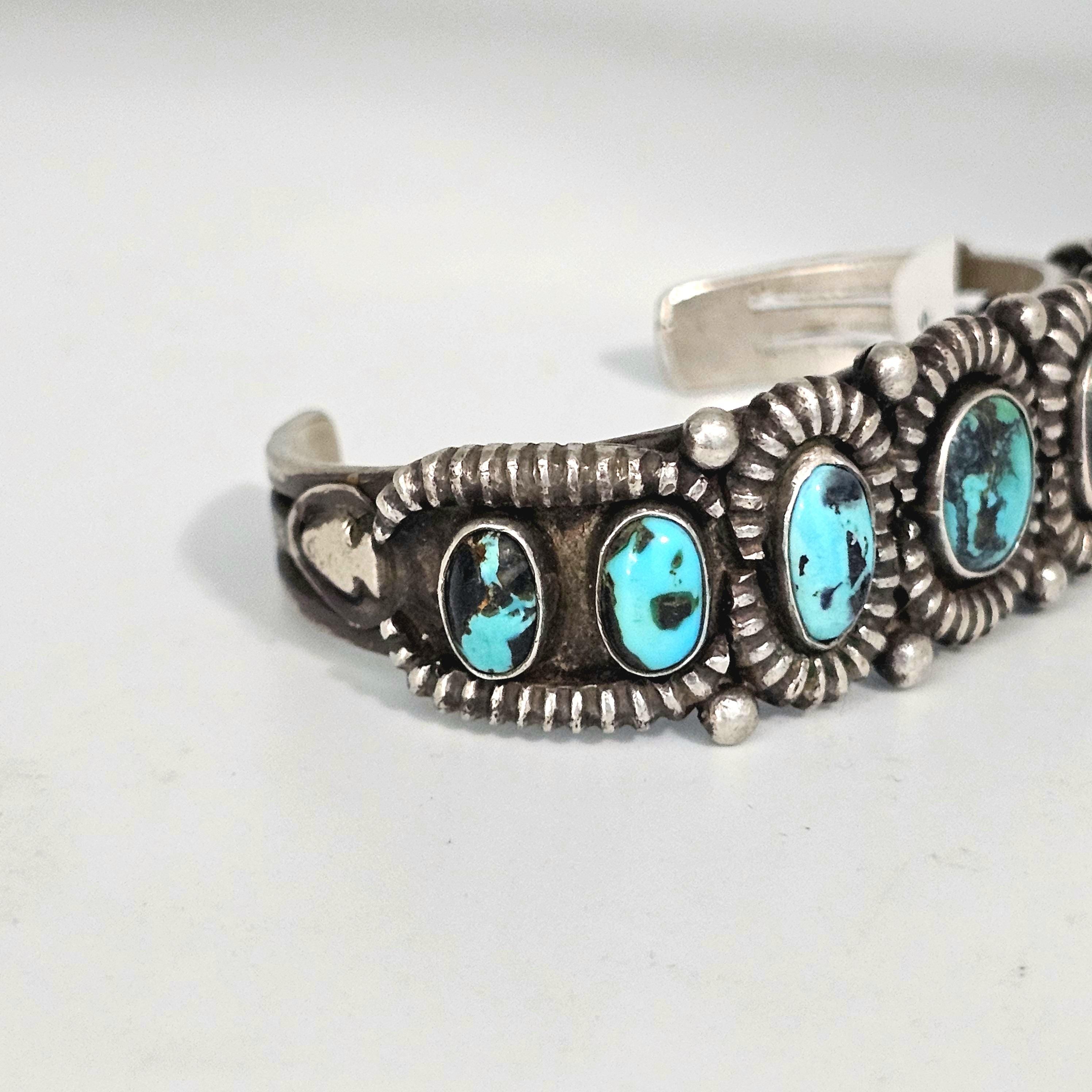 Ingot Greg Lewis Silver and Turquoise Native Cuff Bracelet Old Pawn Coin Silver. 7" wrist. JB 972