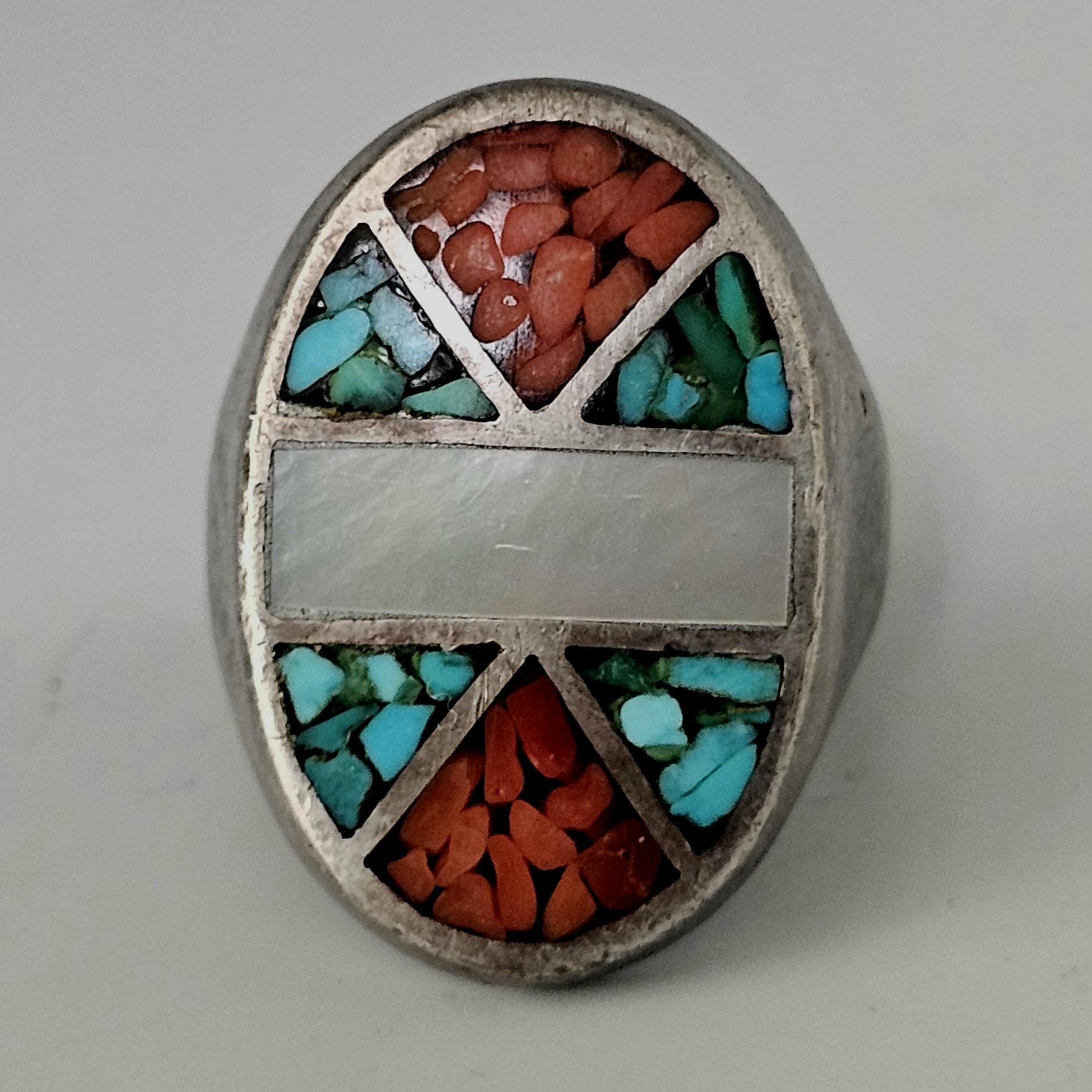 Vintage Zuni Sterling Silver Inlay Ring: Turquoise, Coral, Mother of Pearl, Size 10.5