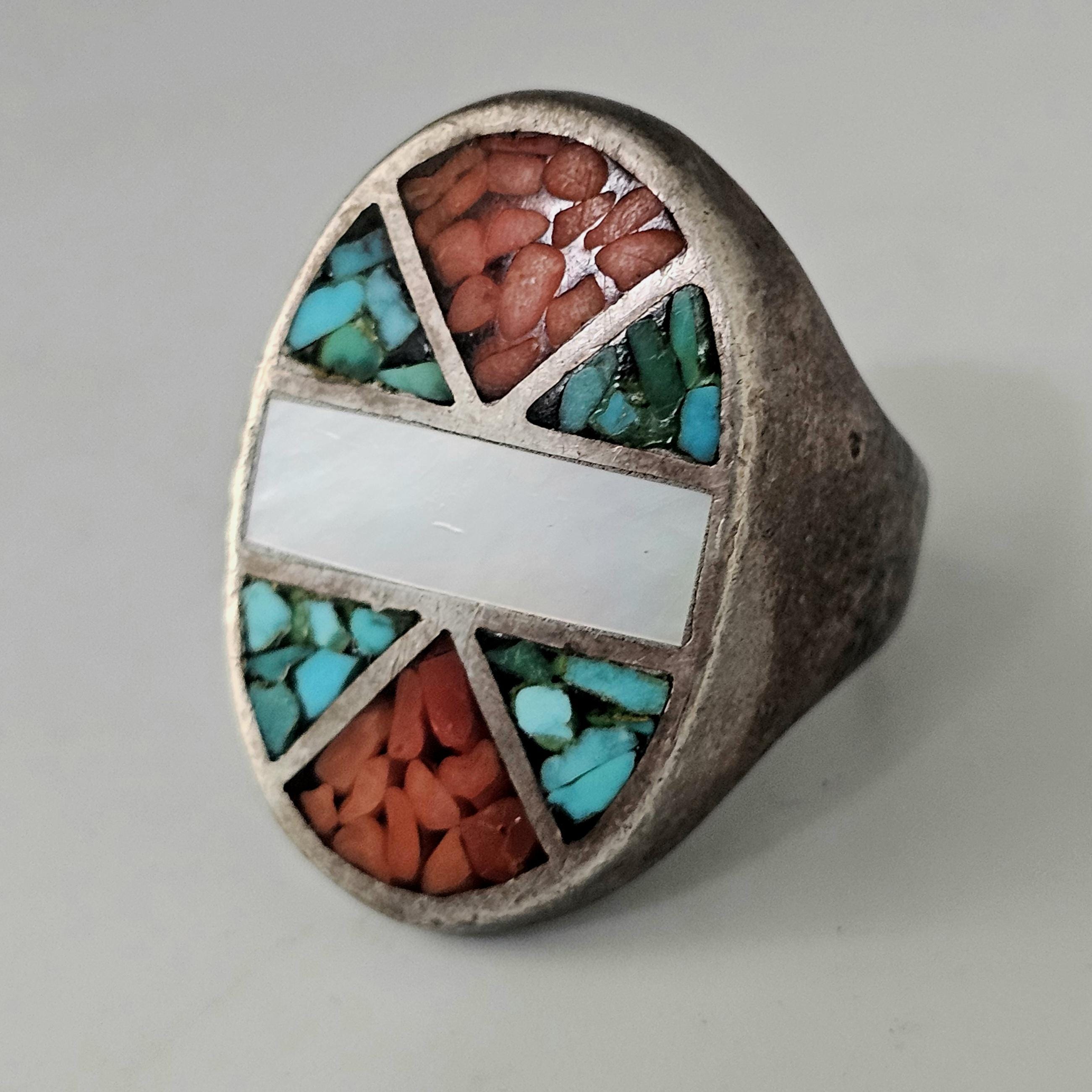 Vintage Zuni Sterling Silver Inlay Ring: Turquoise, Coral, Mother of Pearl, Size 10.5