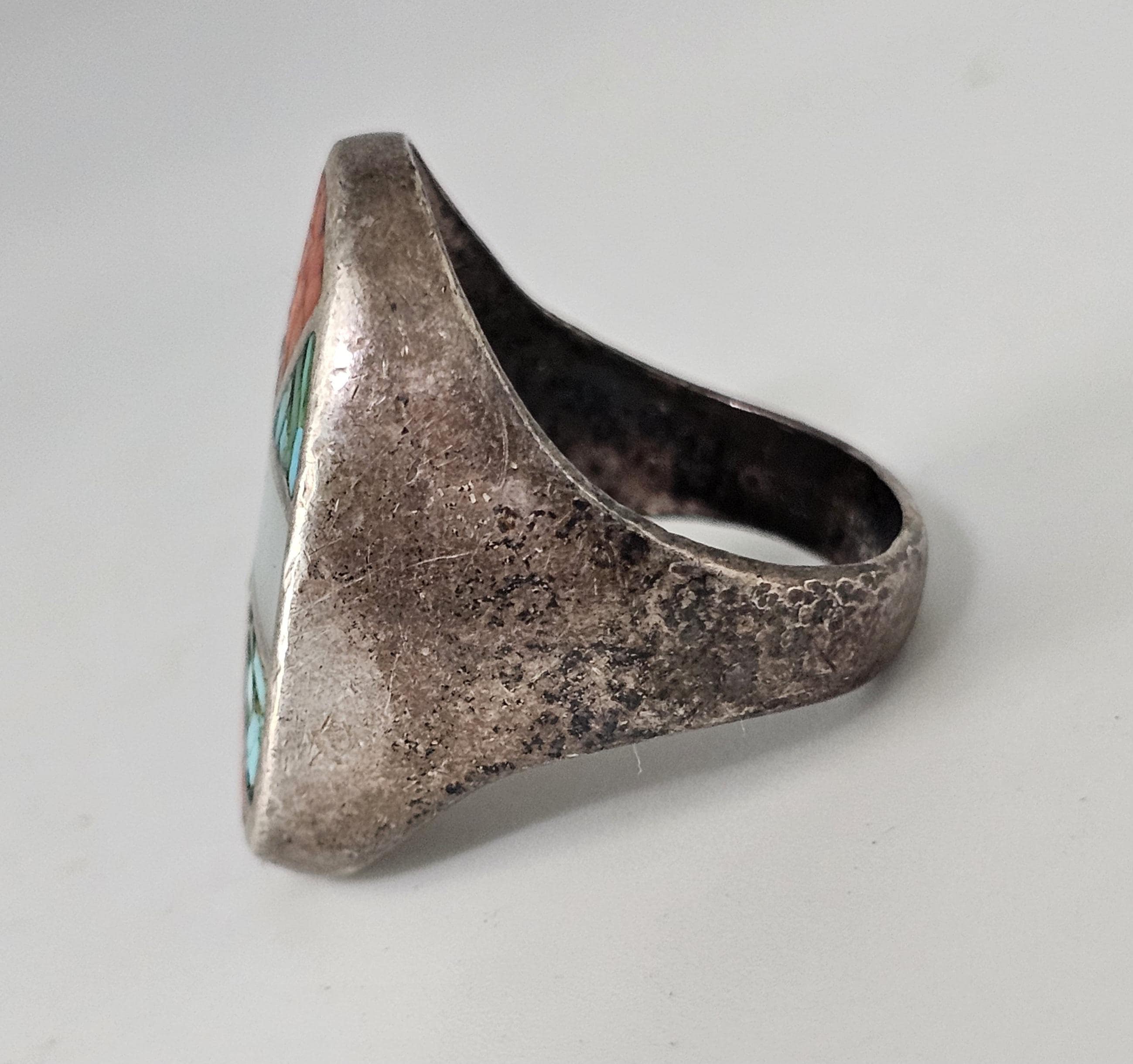 Vintage Zuni Sterling Silver Inlay Ring: Turquoise, Coral, Mother of Pearl, Size 10.5