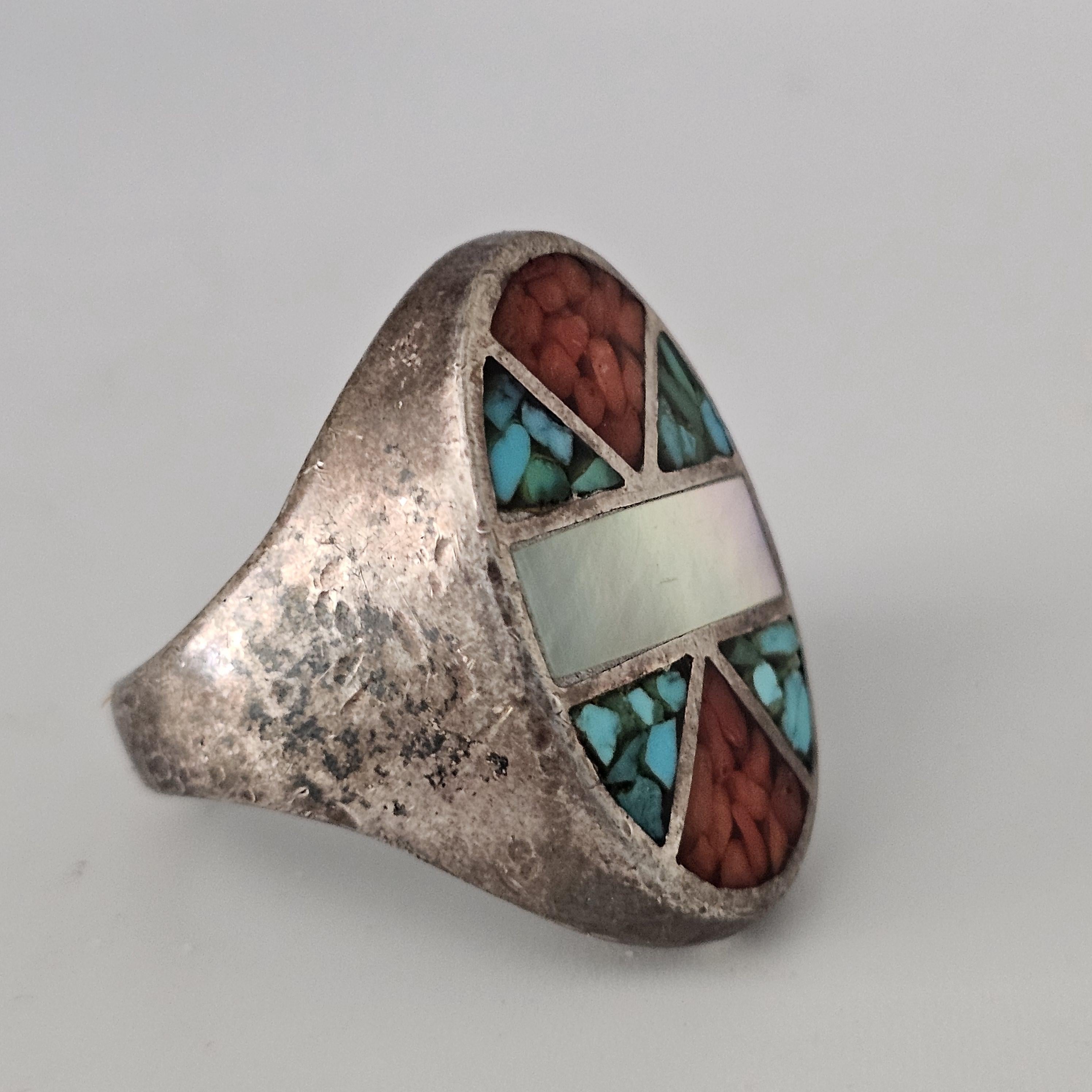 Vintage Zuni Sterling Silver Inlay Ring: Turquoise, Coral, Mother of Pearl, Size 10.5