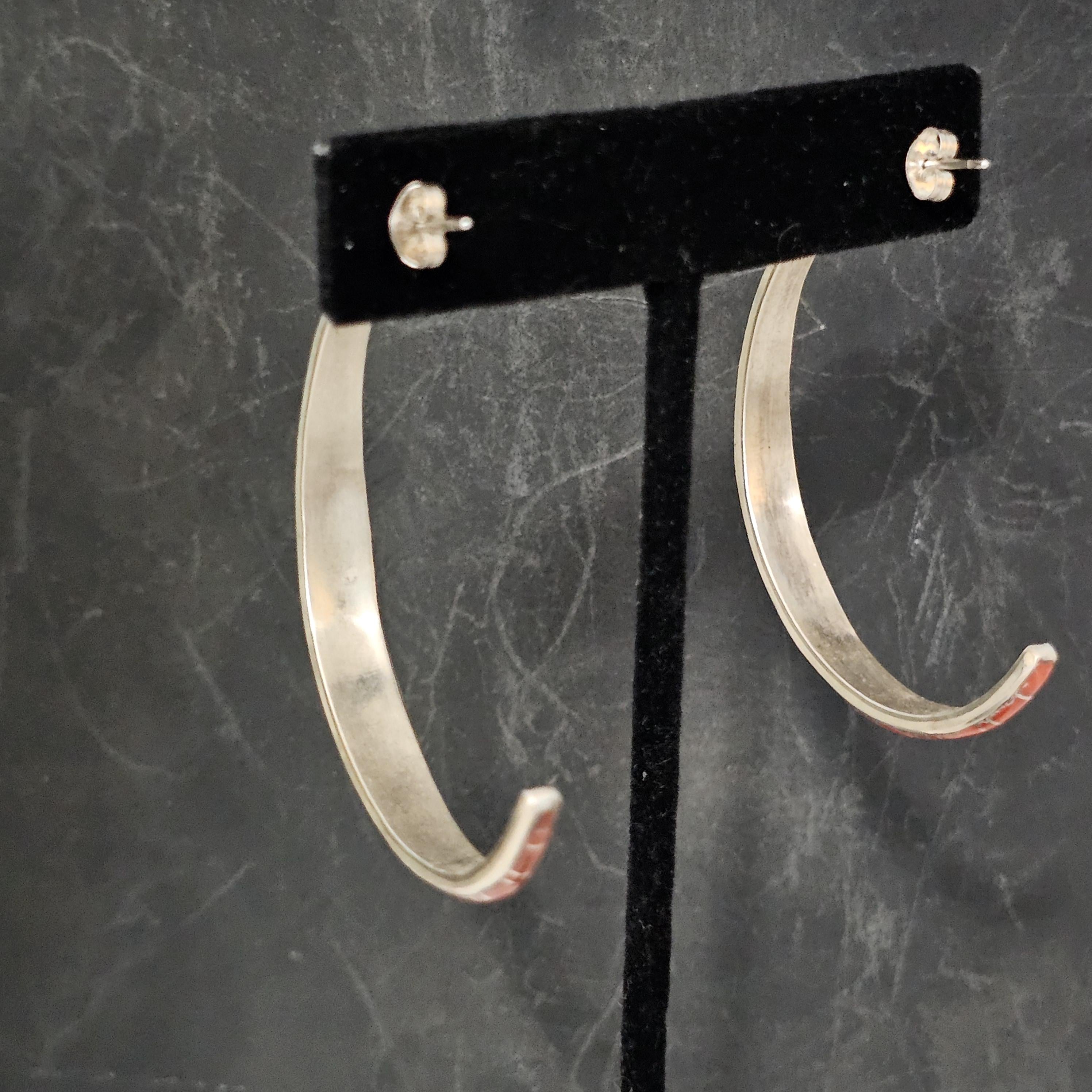 Big Coral Inlay Zuni Silver Vintage Hoops Native Old Pawn JE 566