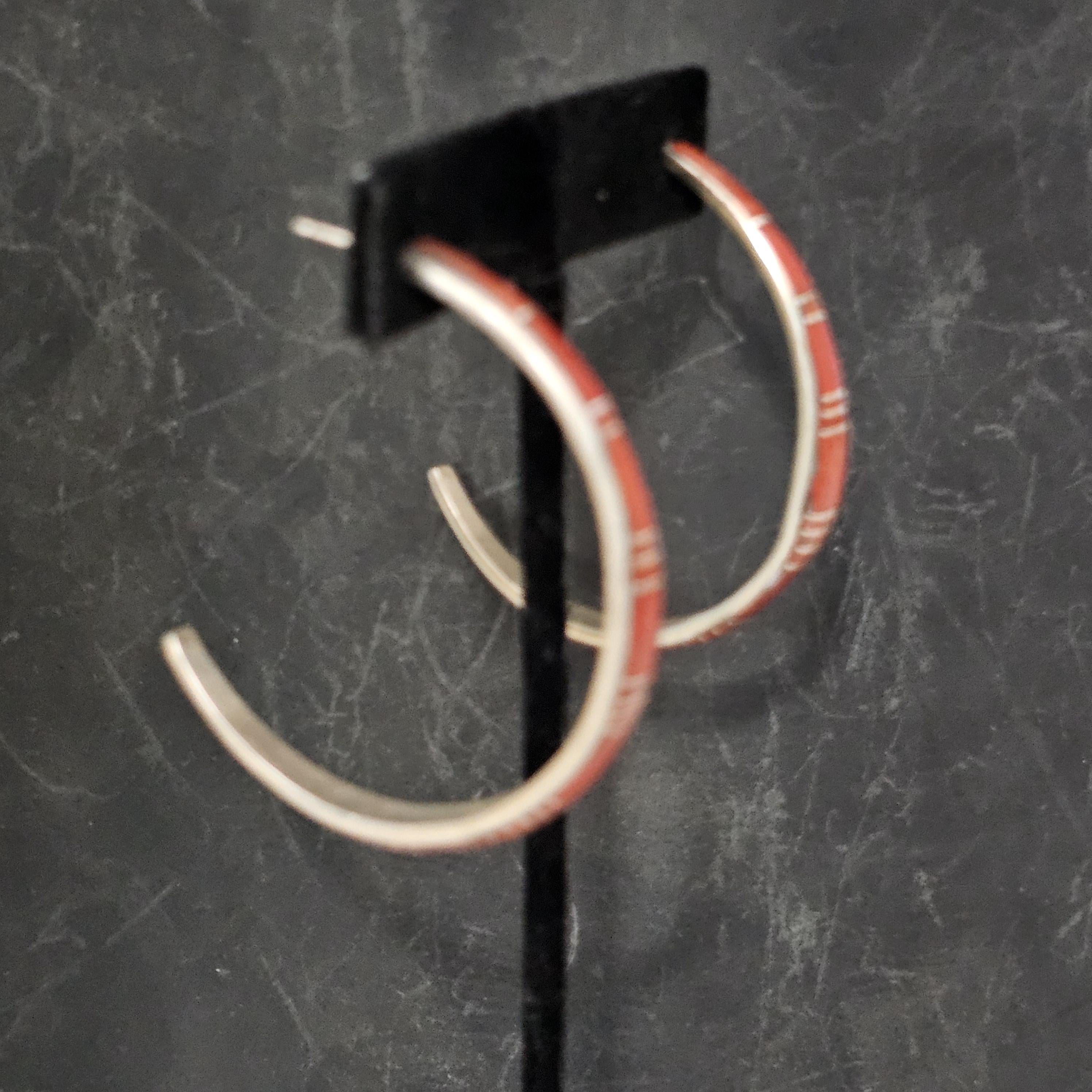 Big Coral Inlay Zuni Silver Vintage Hoops Native Old Pawn JE 566